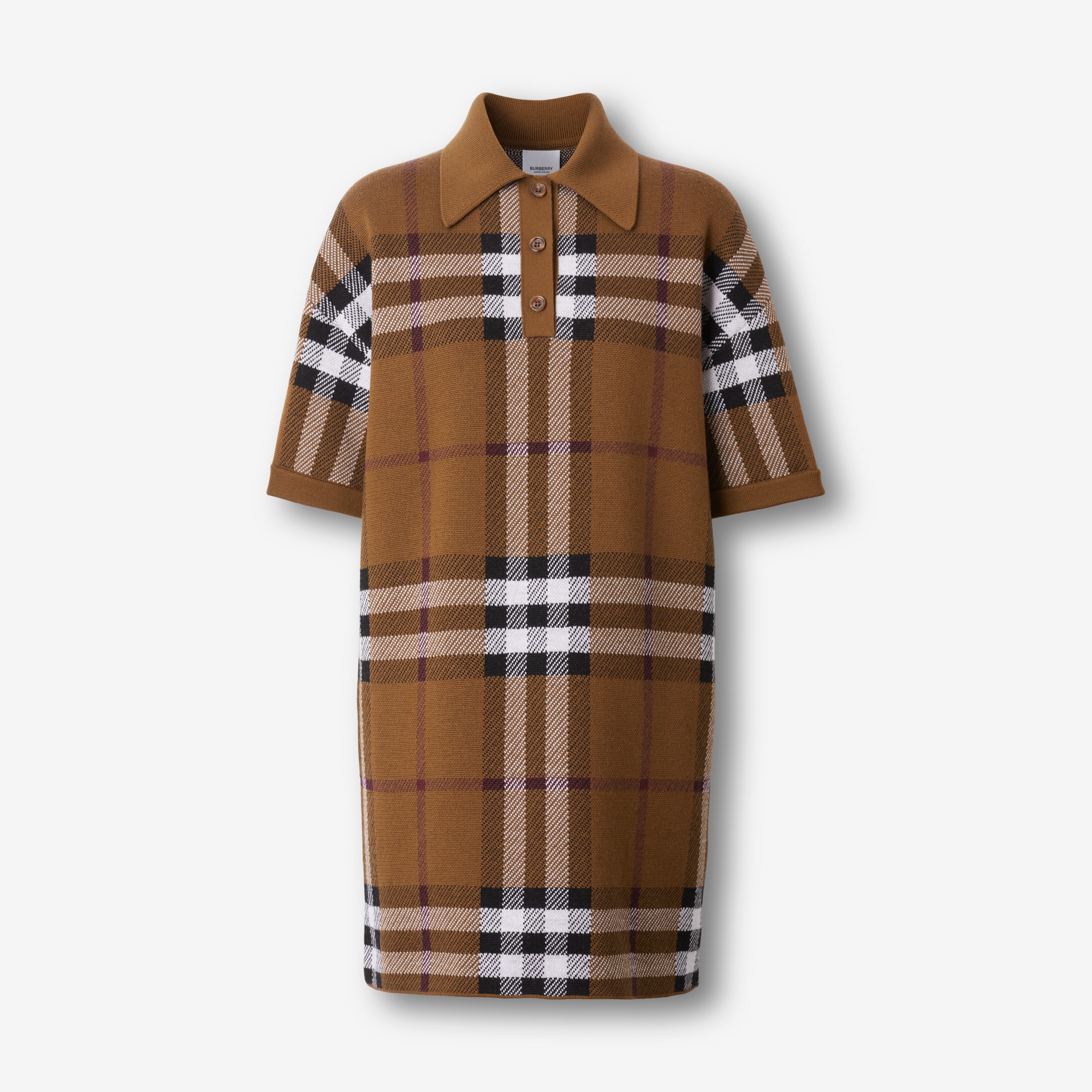 Vestido estilo camisa polo de lã xadrez em jacquard (Marrom Bétula Escuro) - Mulheres | Burberry® oficial - 1