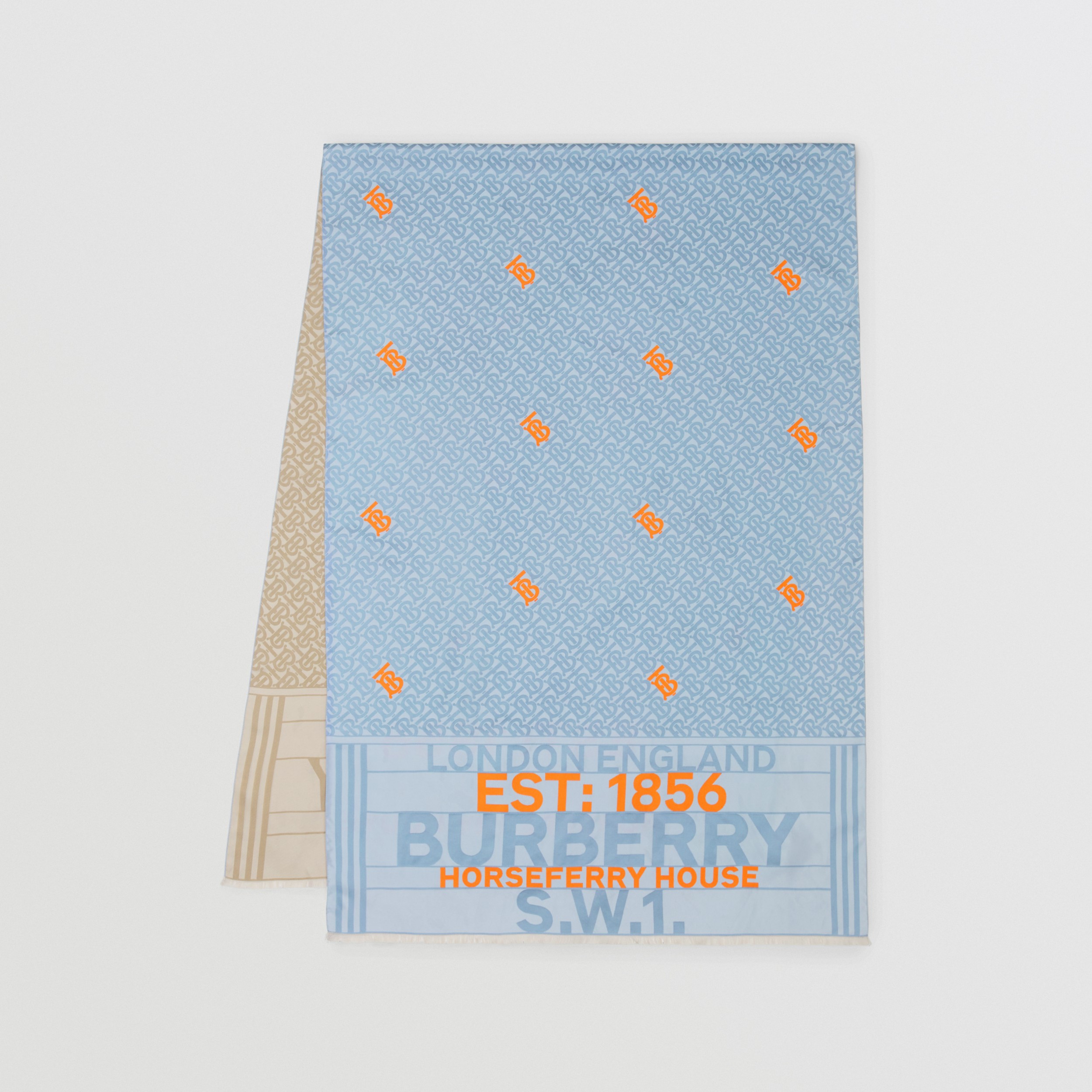 Reversible Monogram Silk Jacquard Scarf in Pale Blue/soft Fawn | Burberry® Official - 1