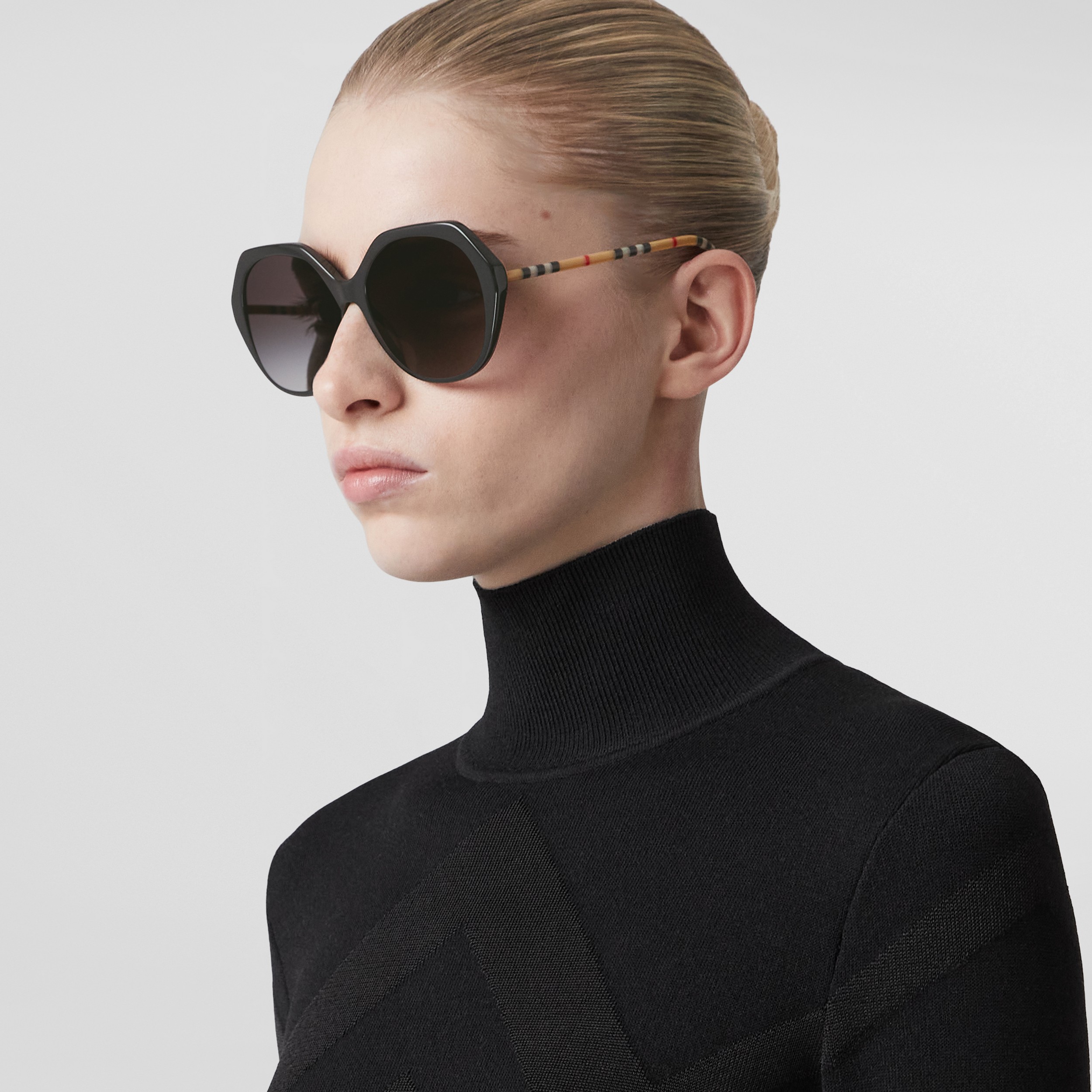 Oversized Check Detail Geometric Frame Sunglasses in Black - Women | Burberry® Official - 3