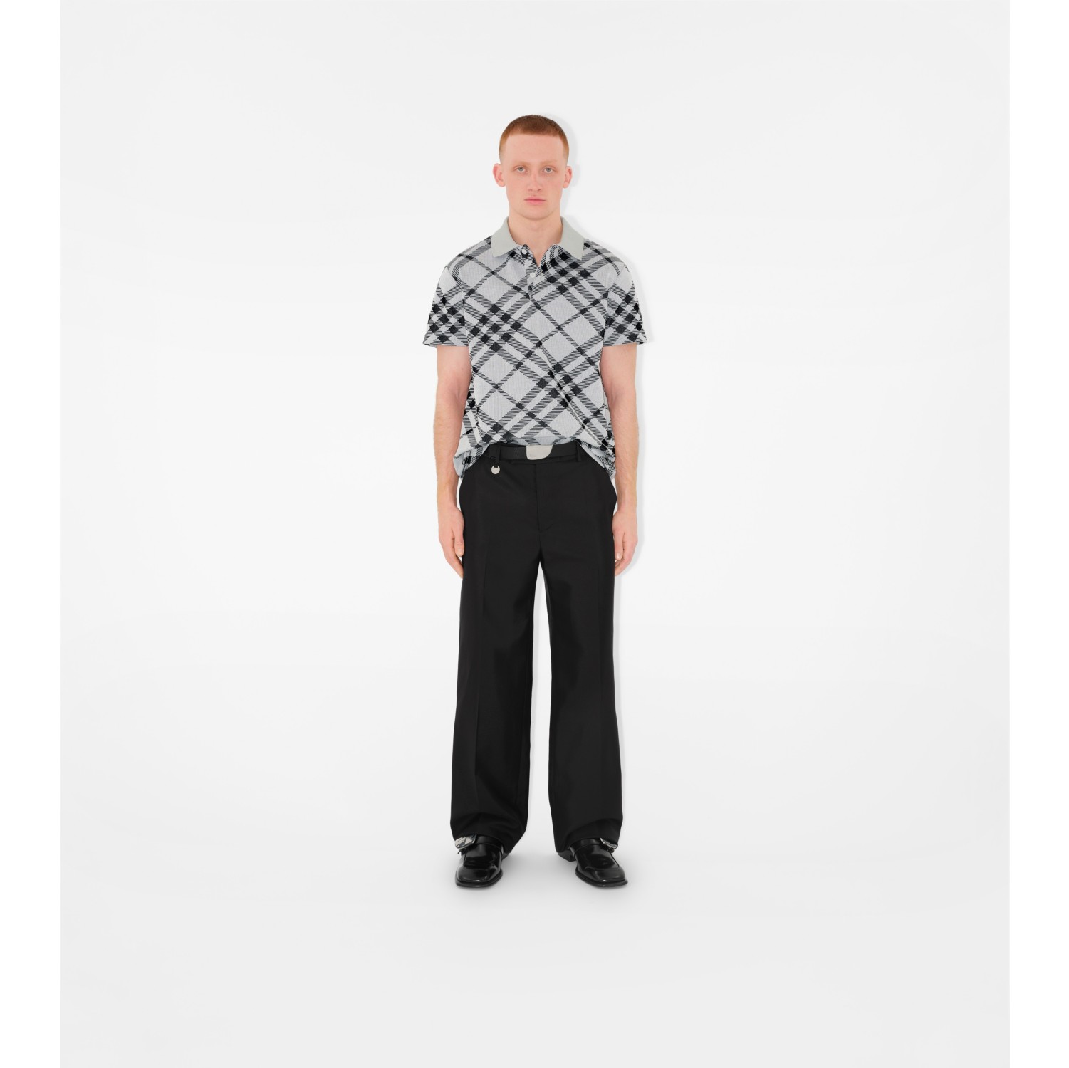 Check Cotton Blend Polo Shirt in White black Men Burberry Official