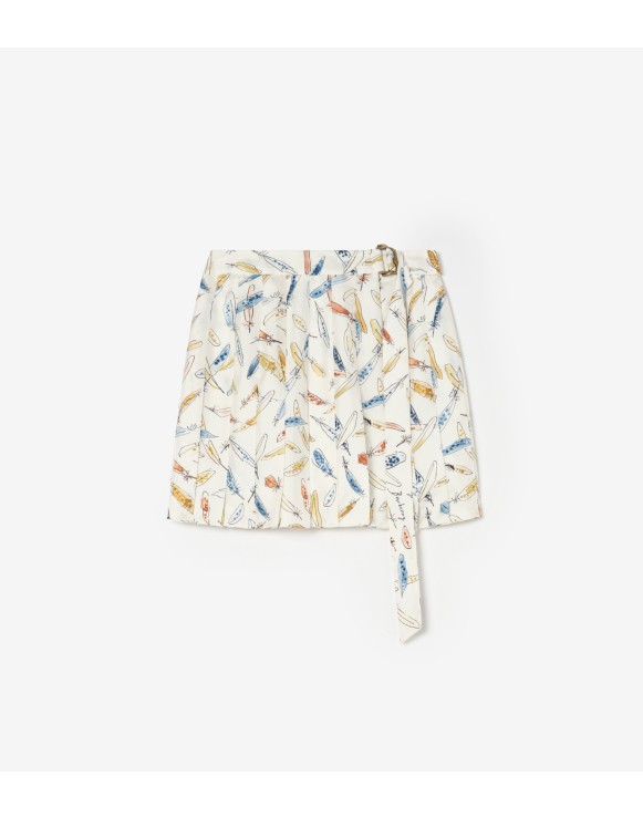 Pleated Feather-print Silk Mini Skirt