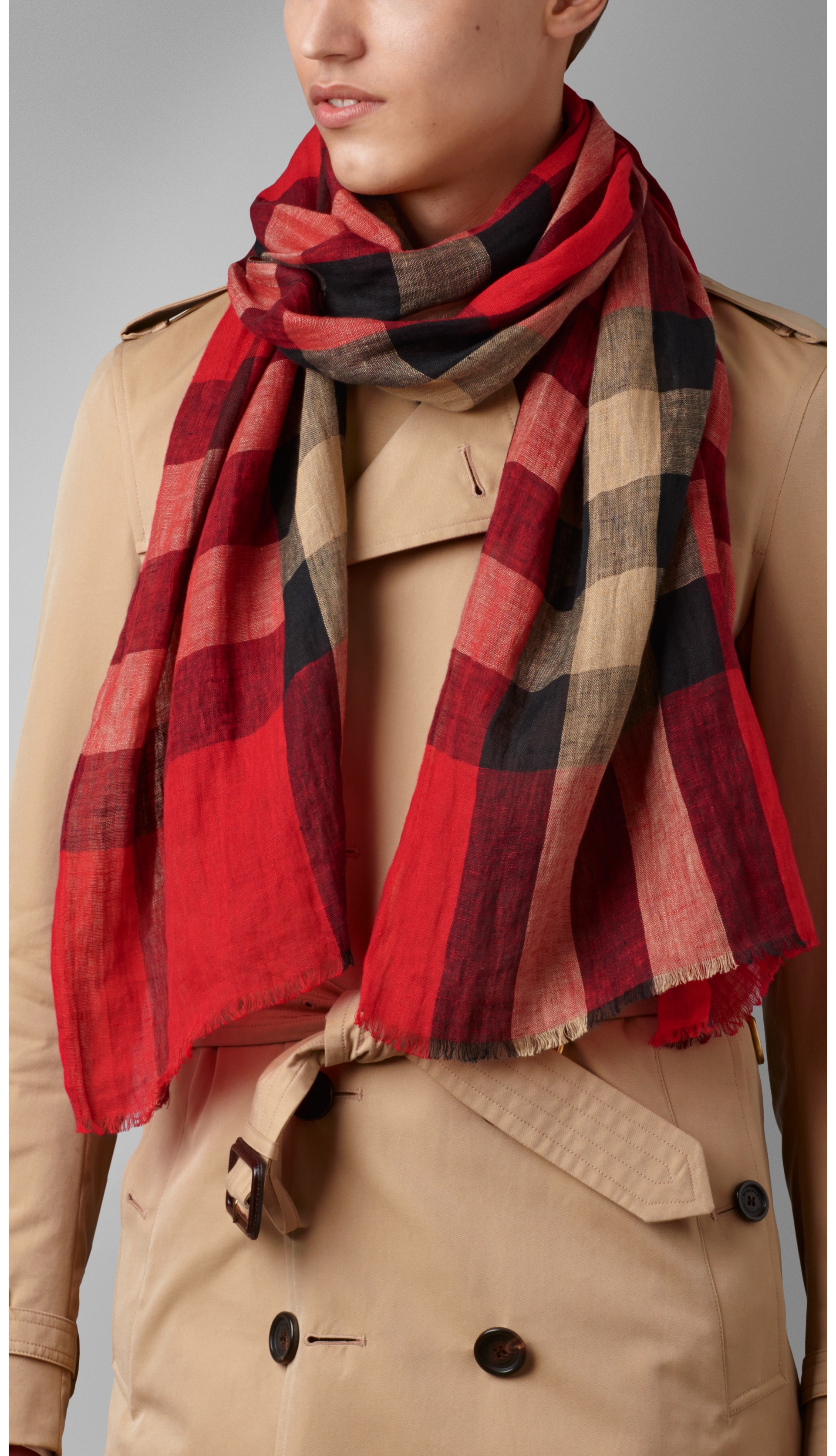 Check Linen Scarf in Bright Vermillion | Burberry United States