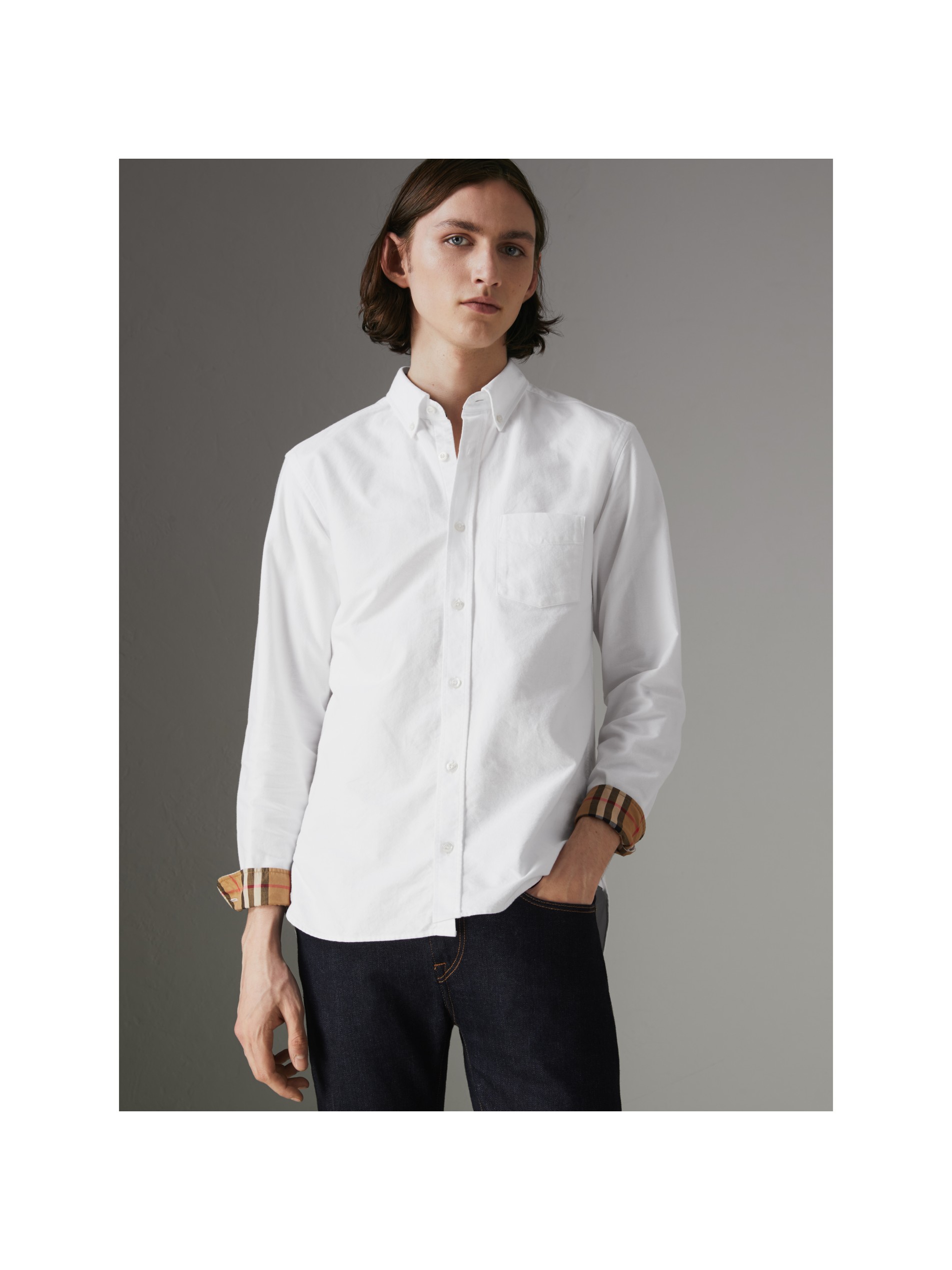 格纹袖口棉质牛津衬衫 (白色) - 男士 | burberry 博柏利