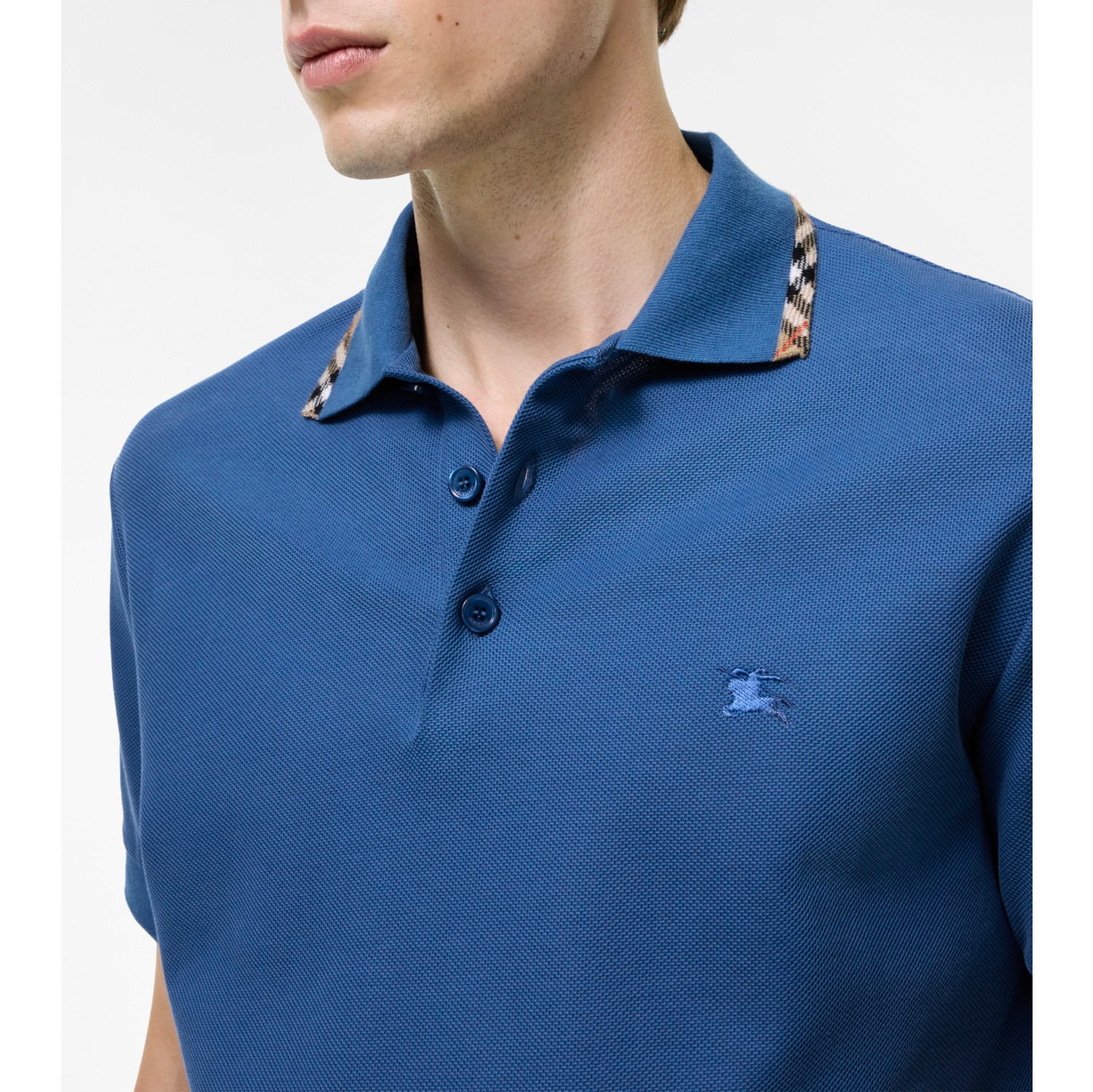 Check Trim Cotton Polo Shirt in Officers blue - Men | Burberry® Official