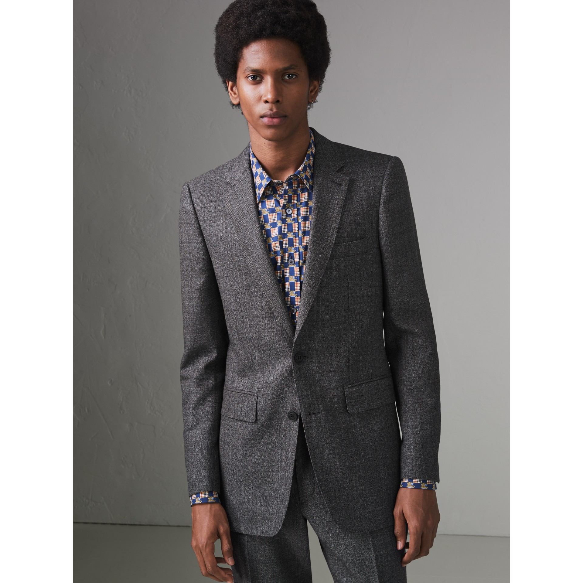 Slim Fit English Pinstripe Wool Suit in Mid Grey Melange - Men ...