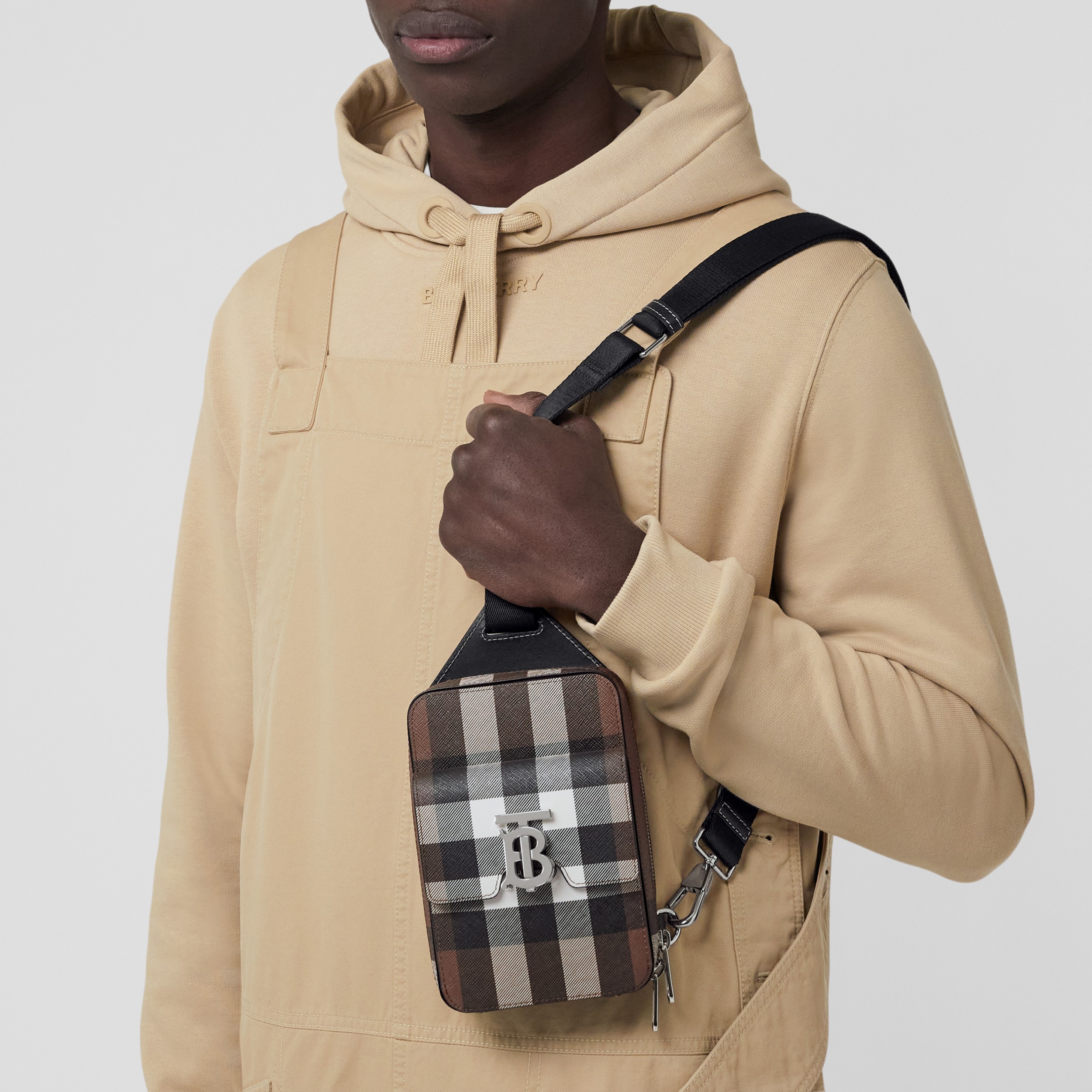 Monogram Motif Check and Leather Crossbody Bag in Dark Birch Brown