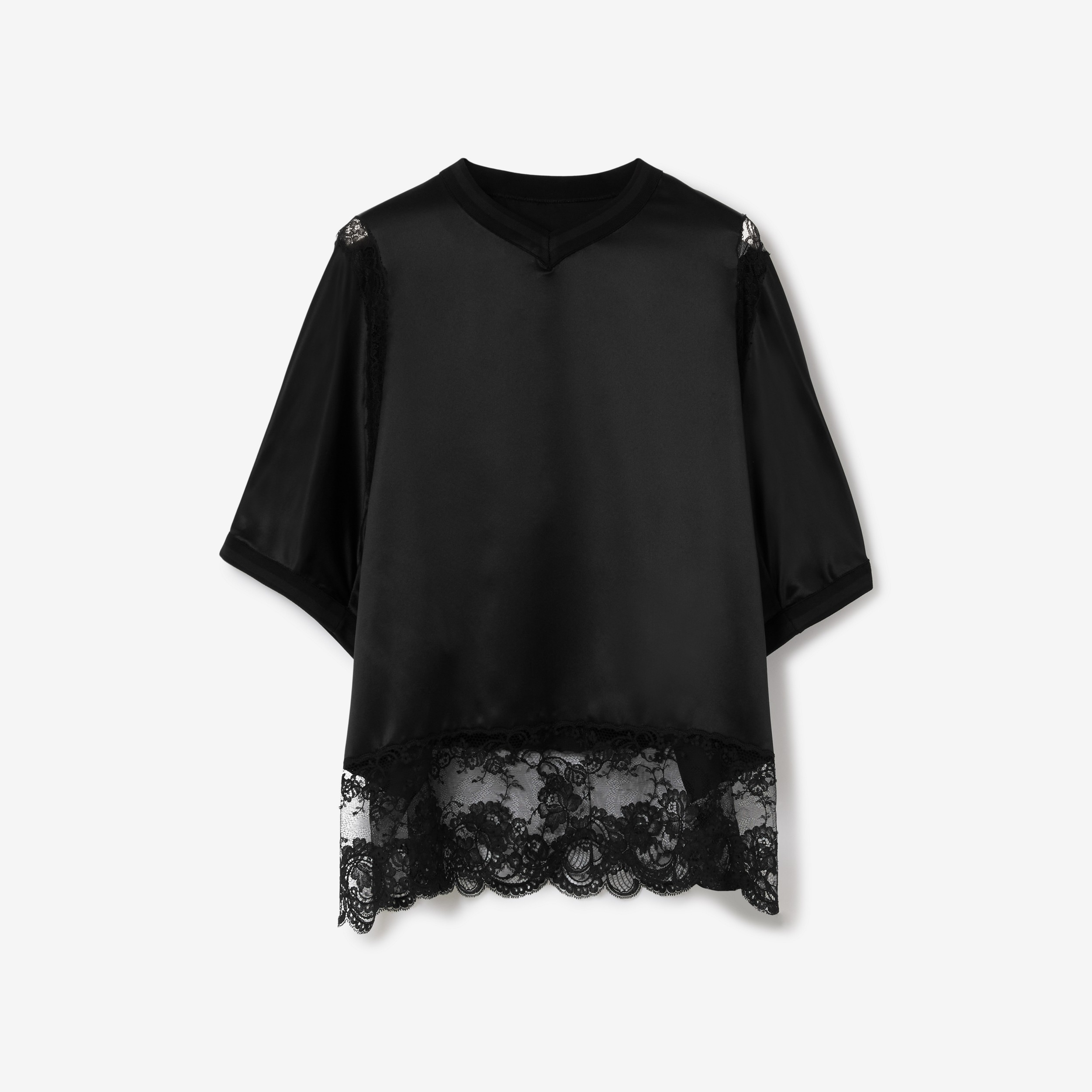 Short-sleeve Lace Panel Silk Satin Top in Black - Women | Burberry® Official - 1