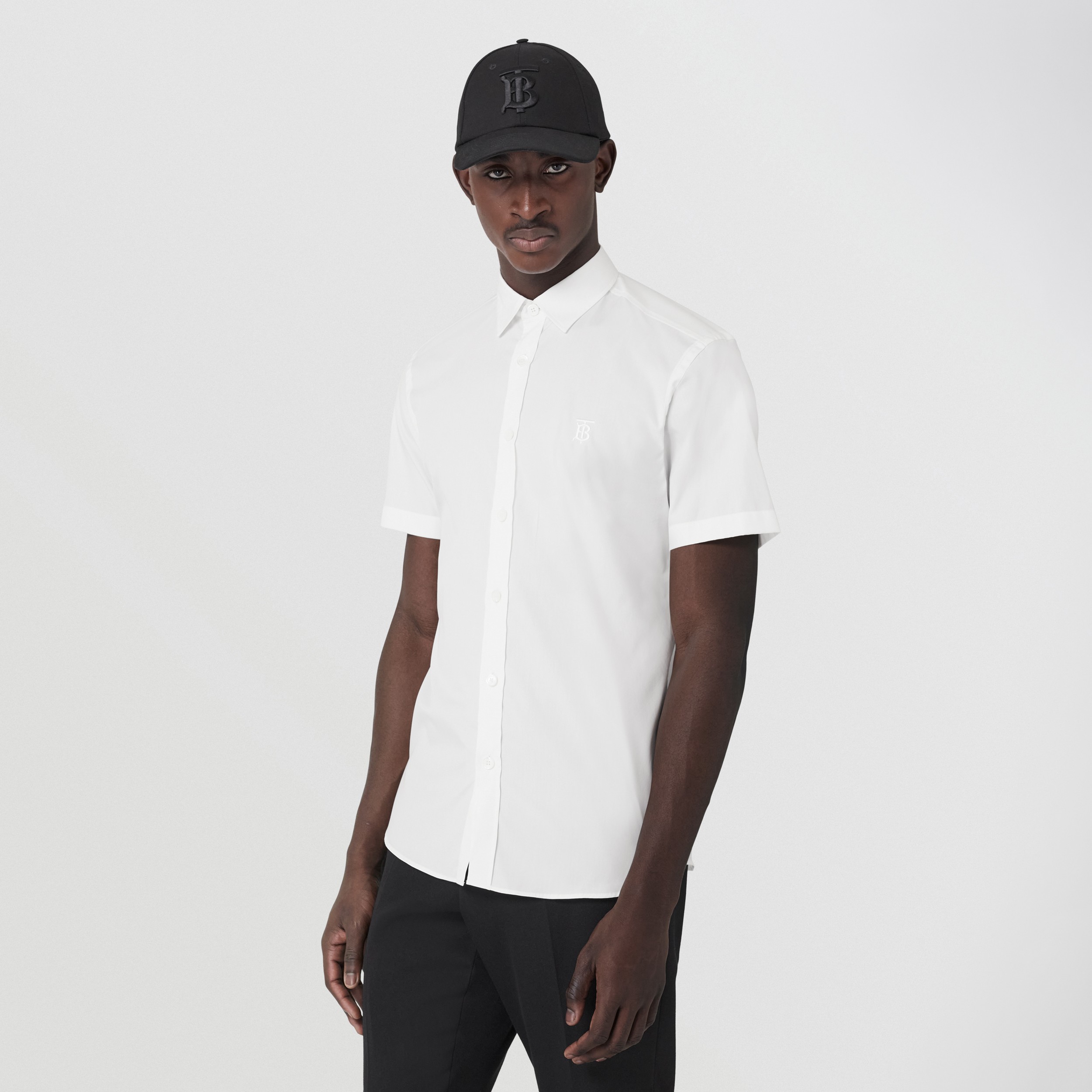 Short-sleeve Monogram Motif Stretch Cotton Shirt in White - Men | Burberry® Official - 1