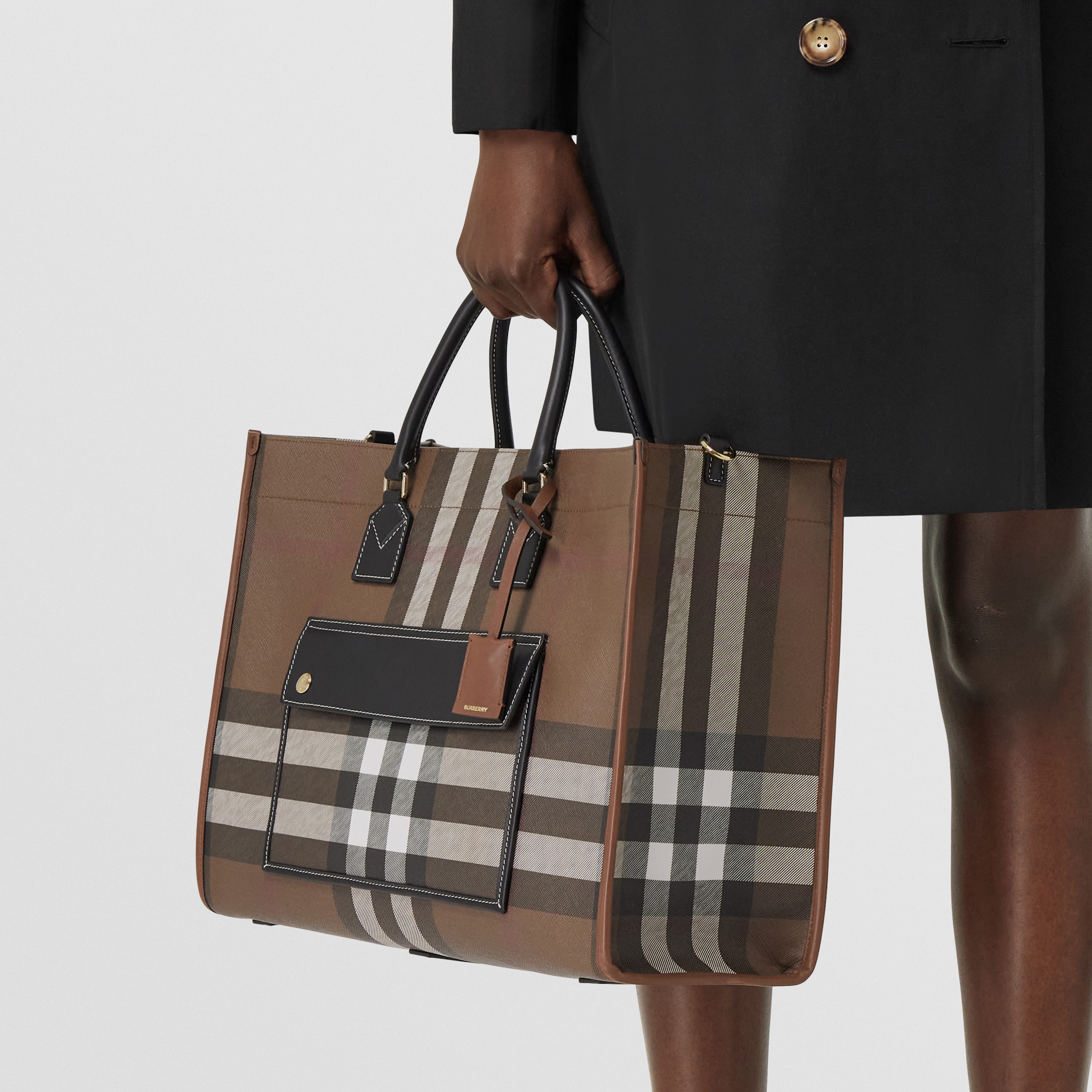 Medium Check and Leather Freya Tote in Dark Birch Brown - Women | Burberry® Official - 3