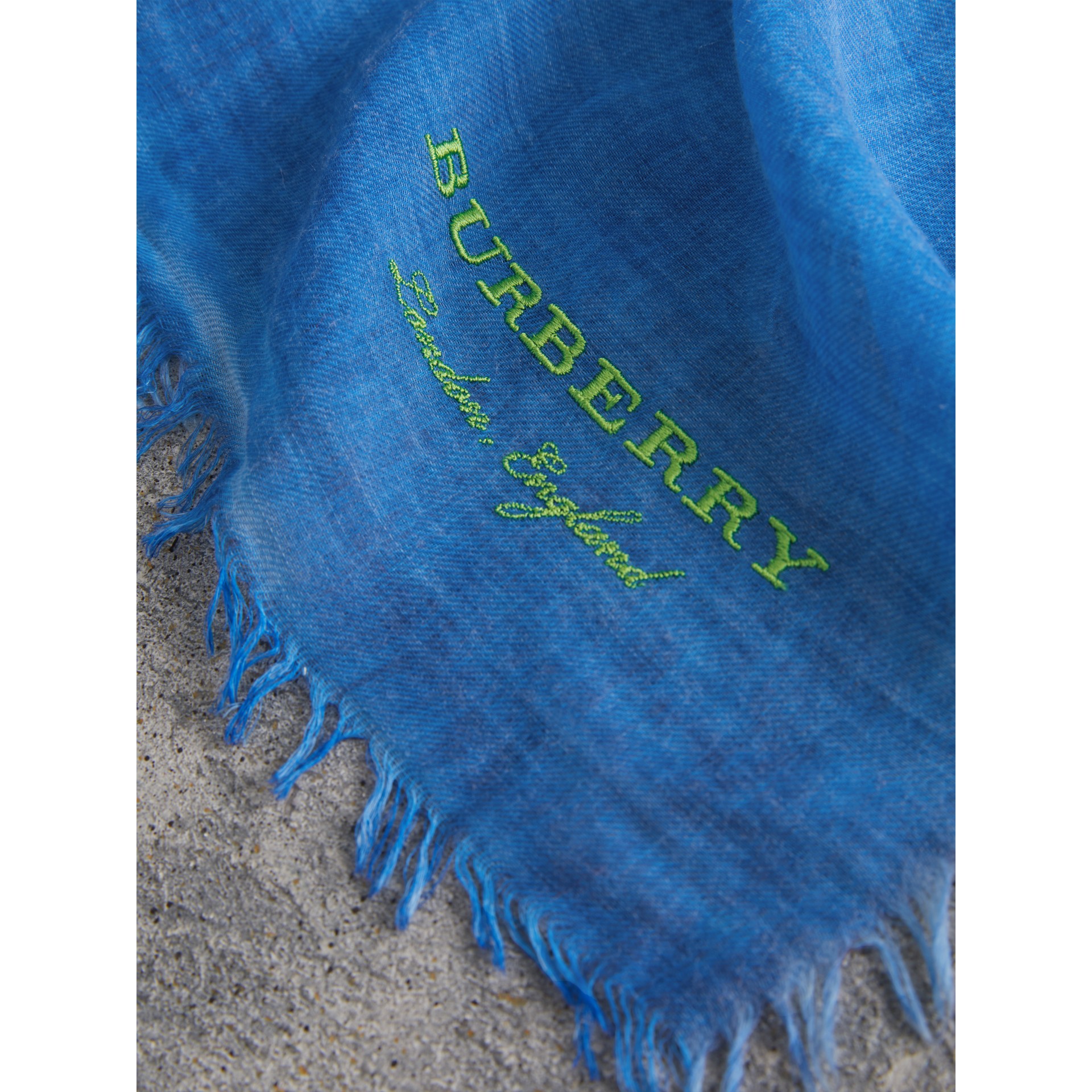 Embroidered Cashmere Cotton Scarf in Azure Blue Burberry United States