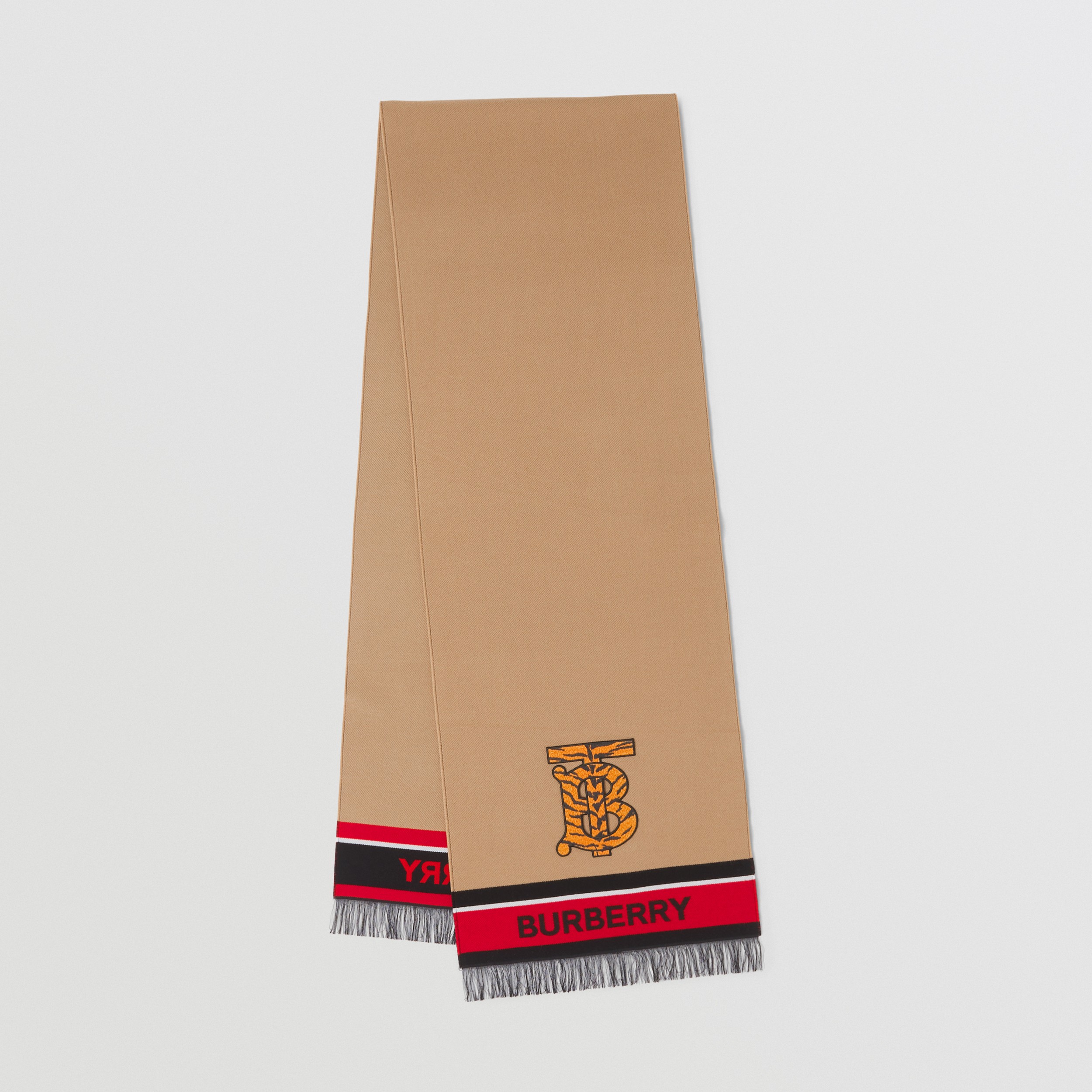 Шарф из шерсти и шелка с логотипом и монограммой (Песочный) | Официальный сайт Burberry® - 1