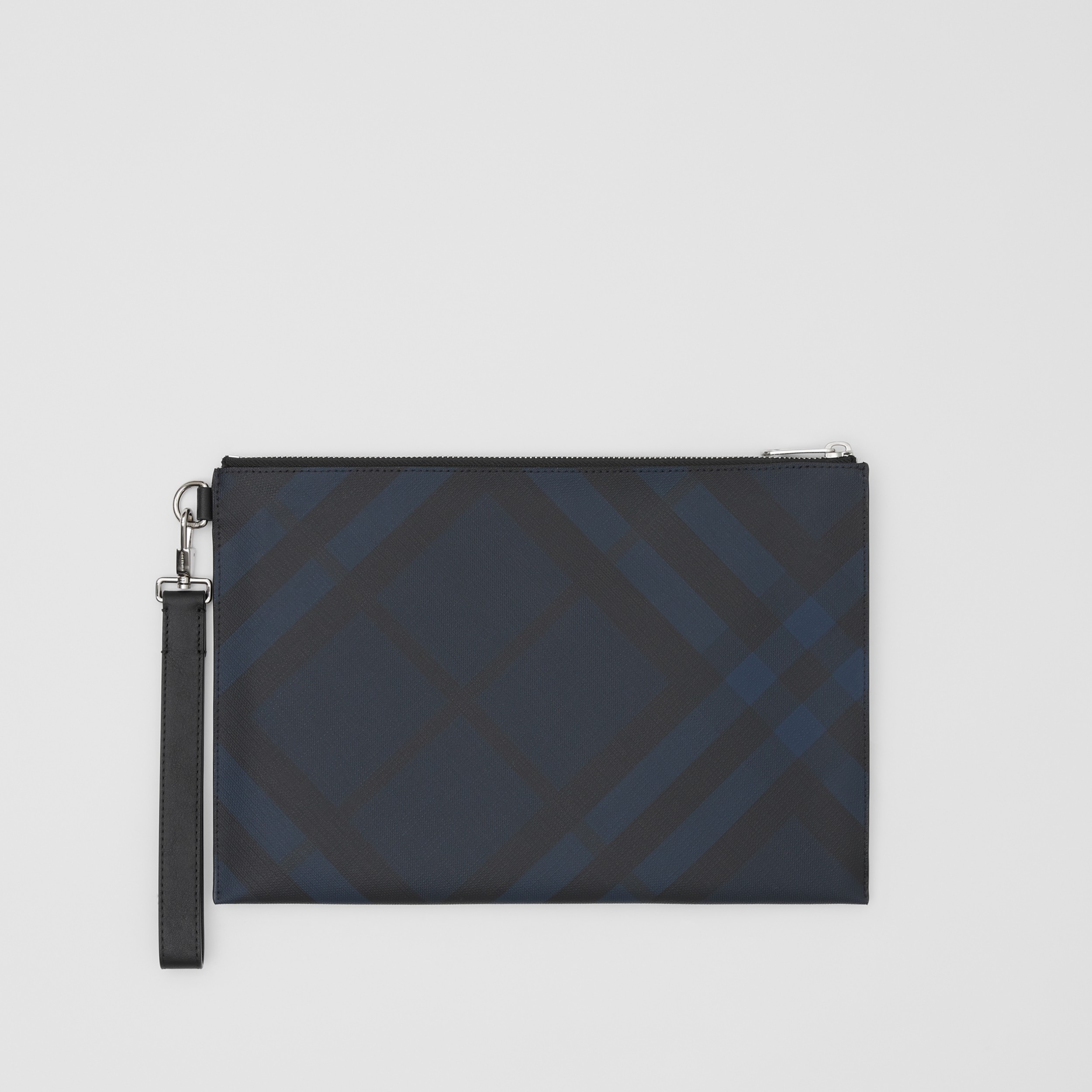 London Check And Leather Zip Pouch In Navy Men Burberry United Kingdom