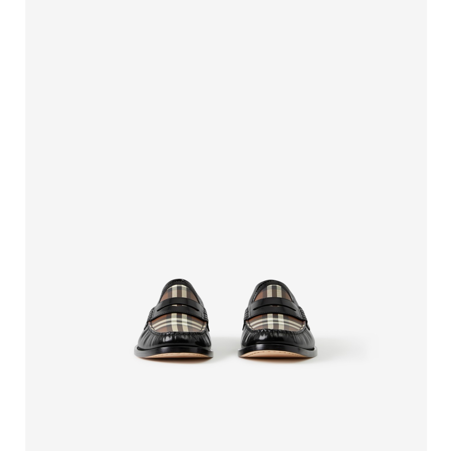 Check Panel Leather Loafers in Black Men Burberry Official