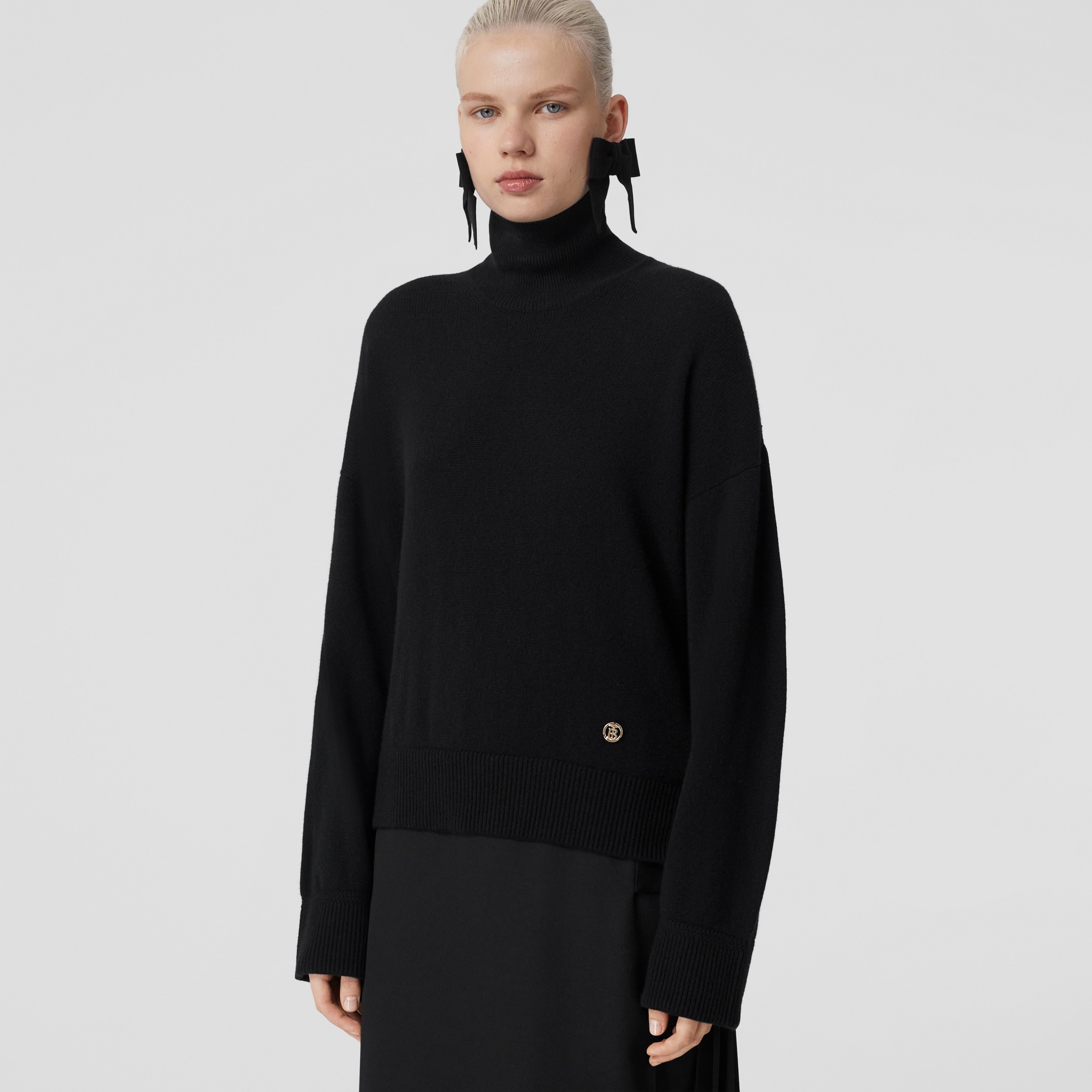 Monogram Motif Cashmere Funnel Neck Sweater in Black - Women | Burberry® Official - 1