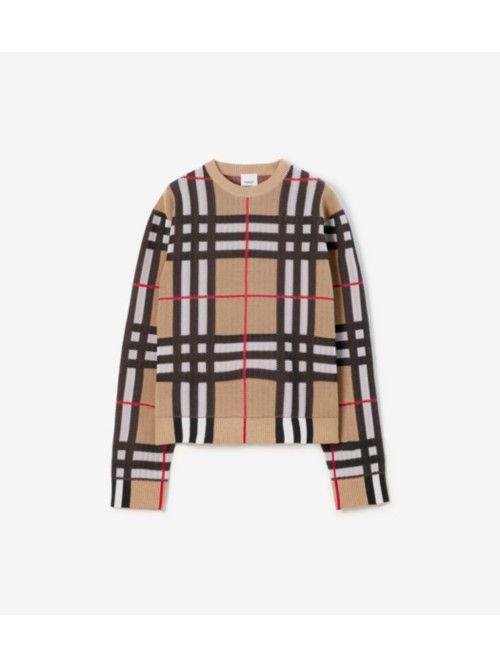 Shop Burberry Check Cotton Blend Sweater In Archive Beige