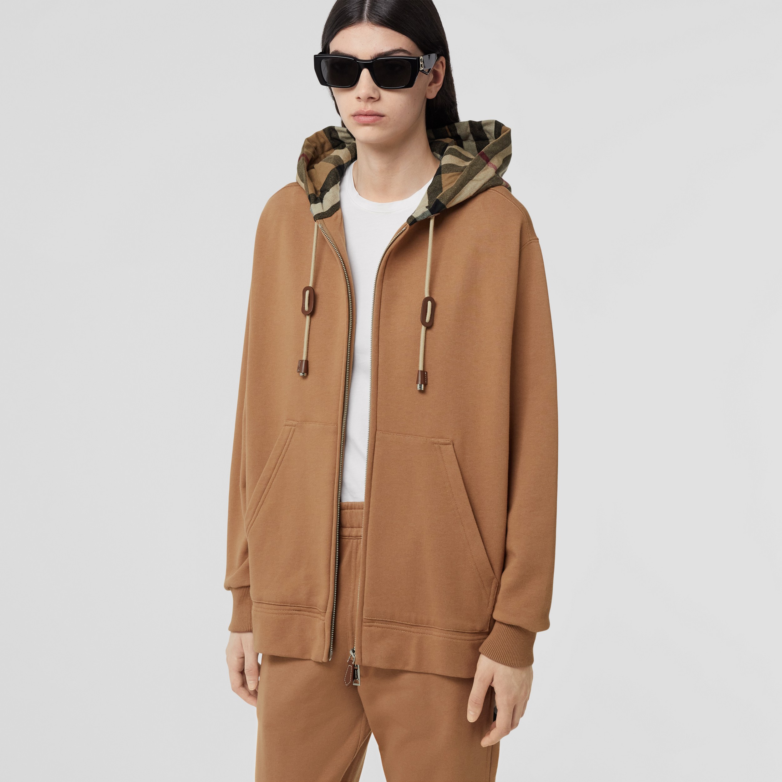 Check Hood Cotton Oversized Zip Hoodie in Camel - Women | Burberry® Official - 4