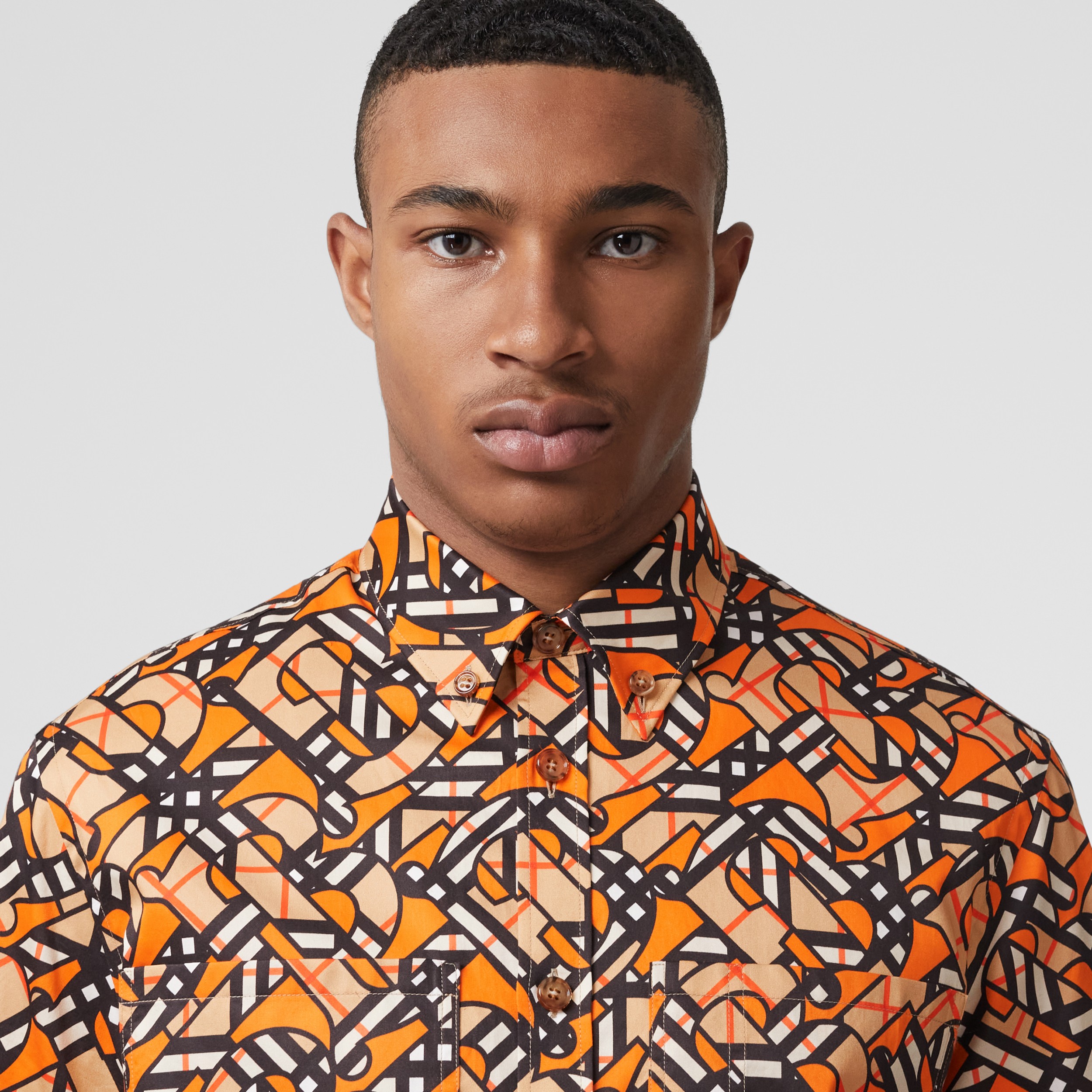 Short-sleeve Monogram Print Cotton Poplin Shirt in Bright Orange - Men ...