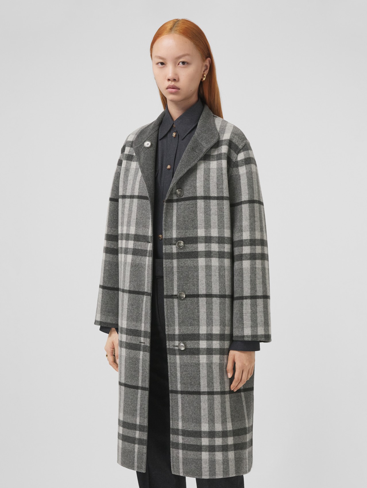 Reversible Check Wool Coat in Shale Grey