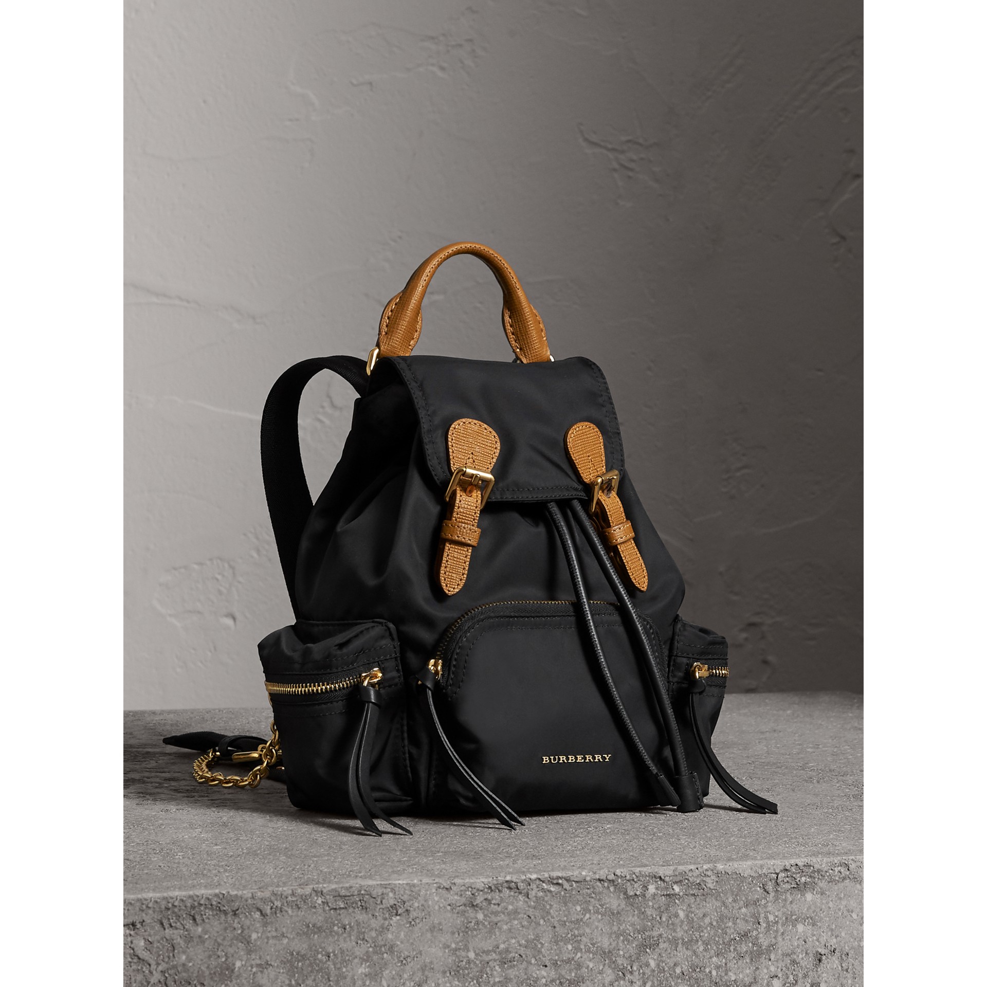 The Small Rucksack Backpack in Technical Nylon and Leather Black Burberry