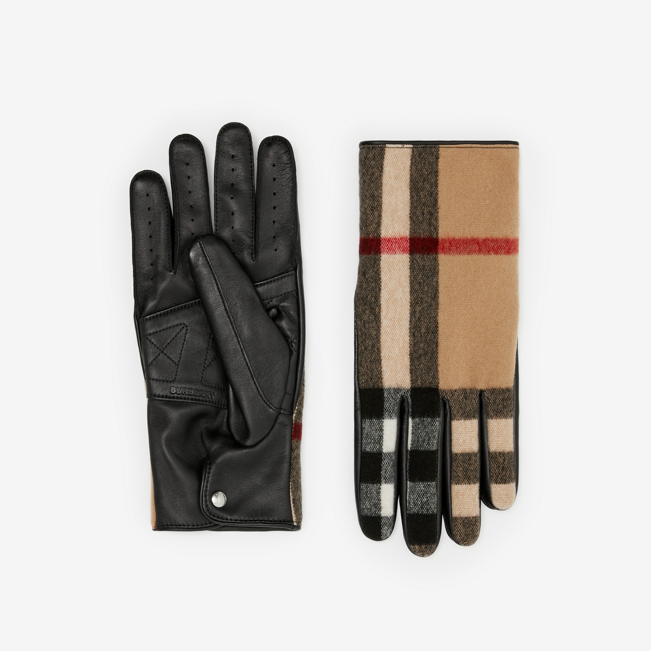 Exaggerated Check Wool and Leather Gloves in Archive Beige - Men | Burberry® Official - 1