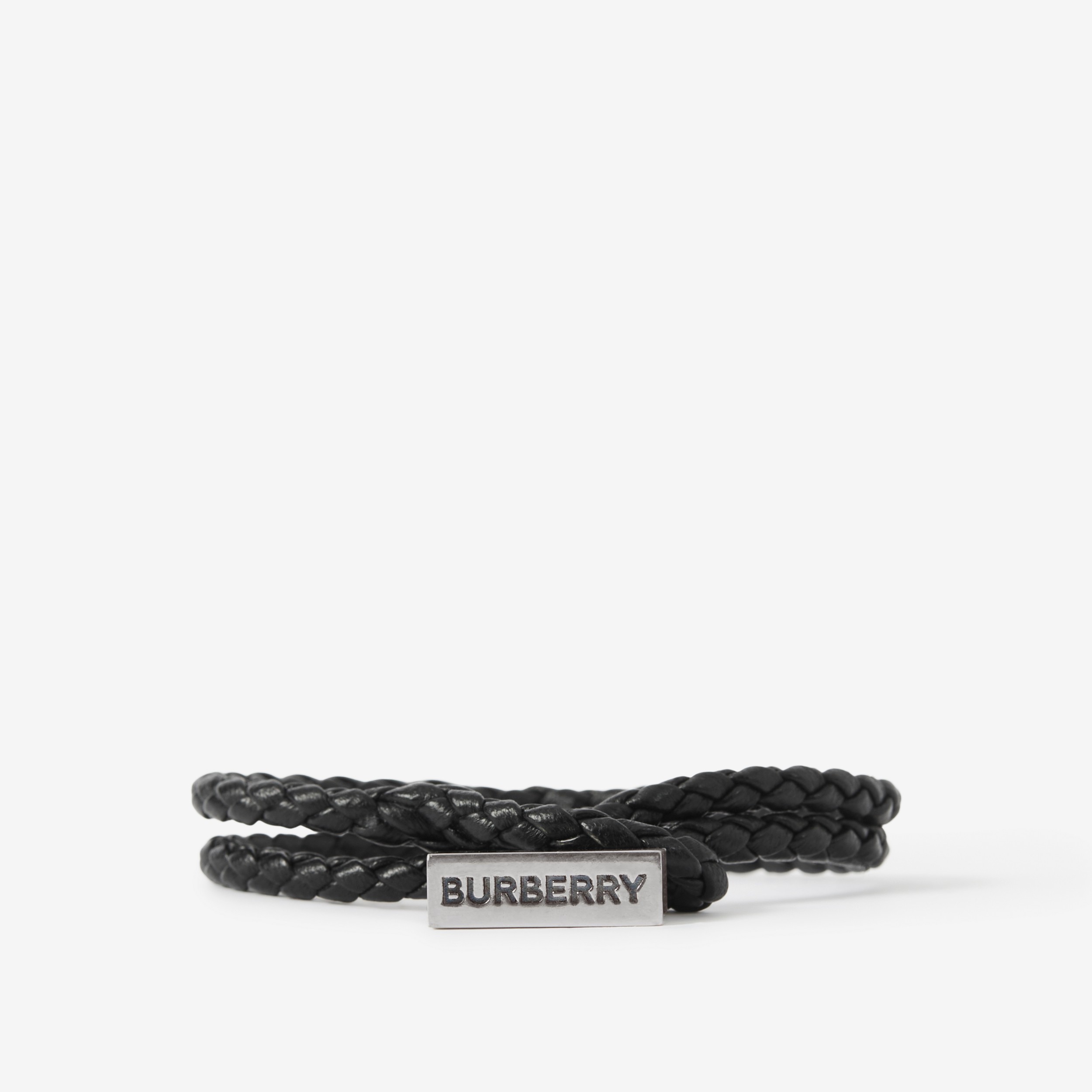 Logo Engraved Braided Leather Bracelet in Vintage Steel/black - Men | Burberry® Official - 1
