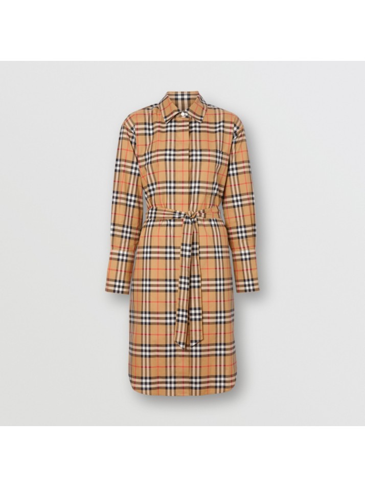 vintage 格纹棉质系腰衬衫式连衣裙