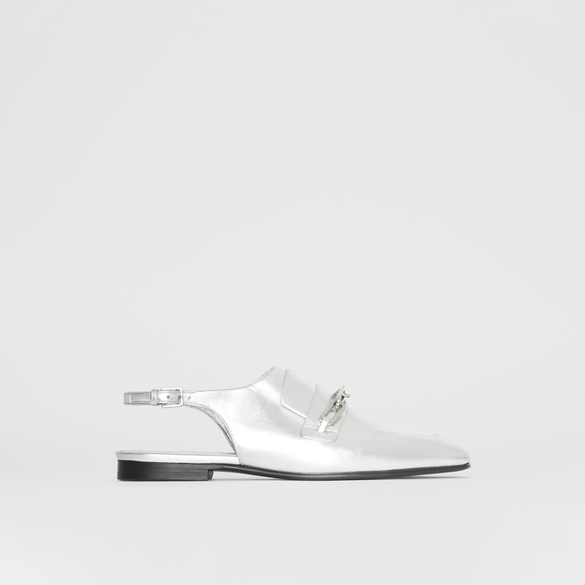 Link Detail Leather Slingback Loafers in Silver Grey - Women | Burberry ...