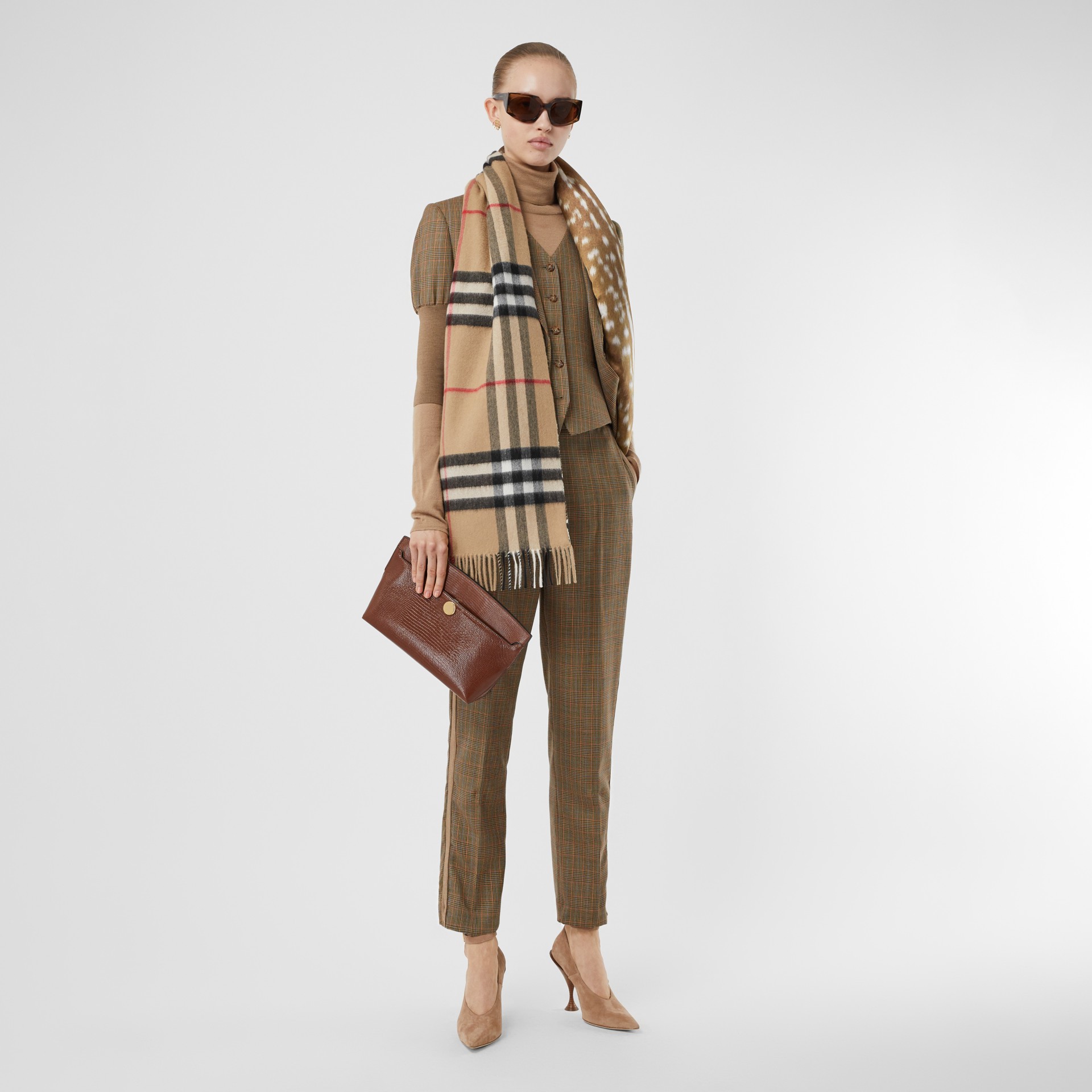 Check and Animal Print Cashmere Silk Puffer Scarf in Honey | Burberry ...