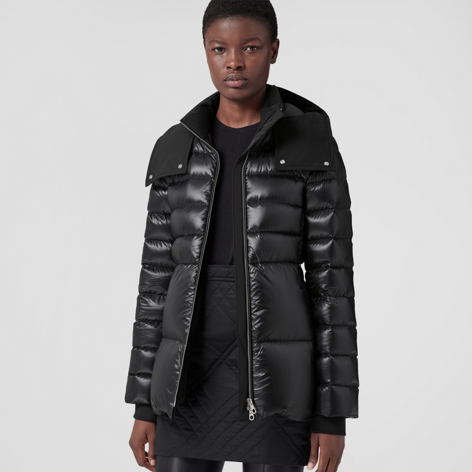 Contrast Hood Nylon Belted Puffer Jacket in Black - Women Contrast Hood Nylon Belted Puffer Jacket in Black - Women