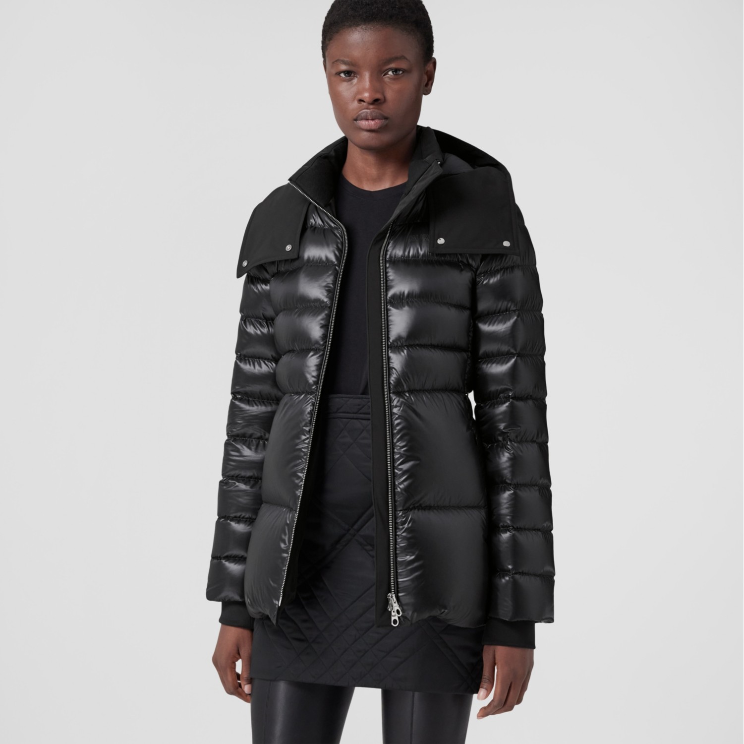 Contrast Hood Nylon Belted Puffer Jacket