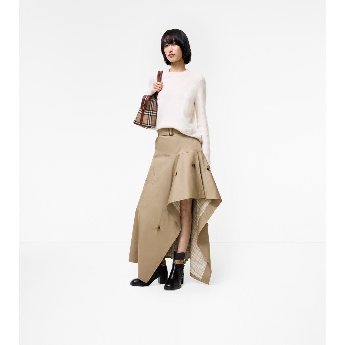  Check Gabardine Asymmetric Trench Skirt