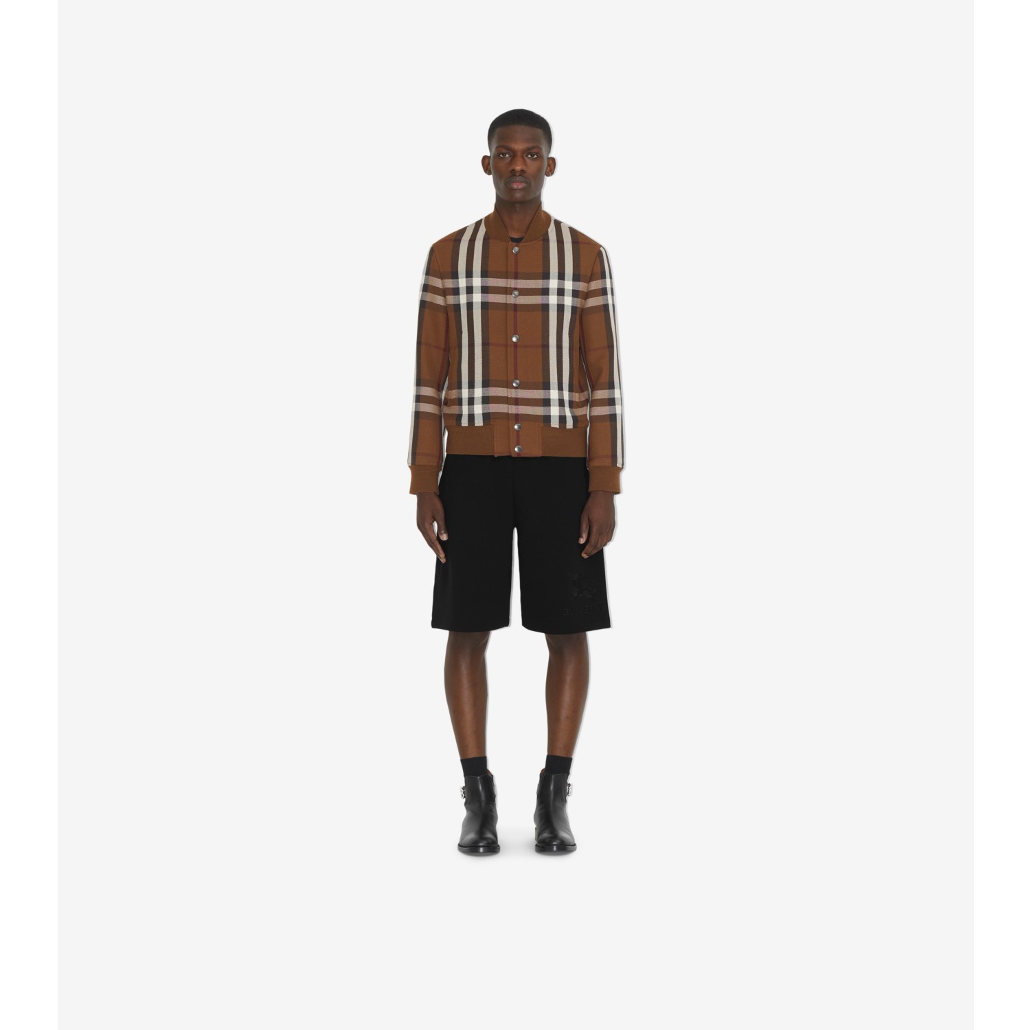 Check Wool Cotton Bomber Jacket in Dark birch brown Men Burberry Official