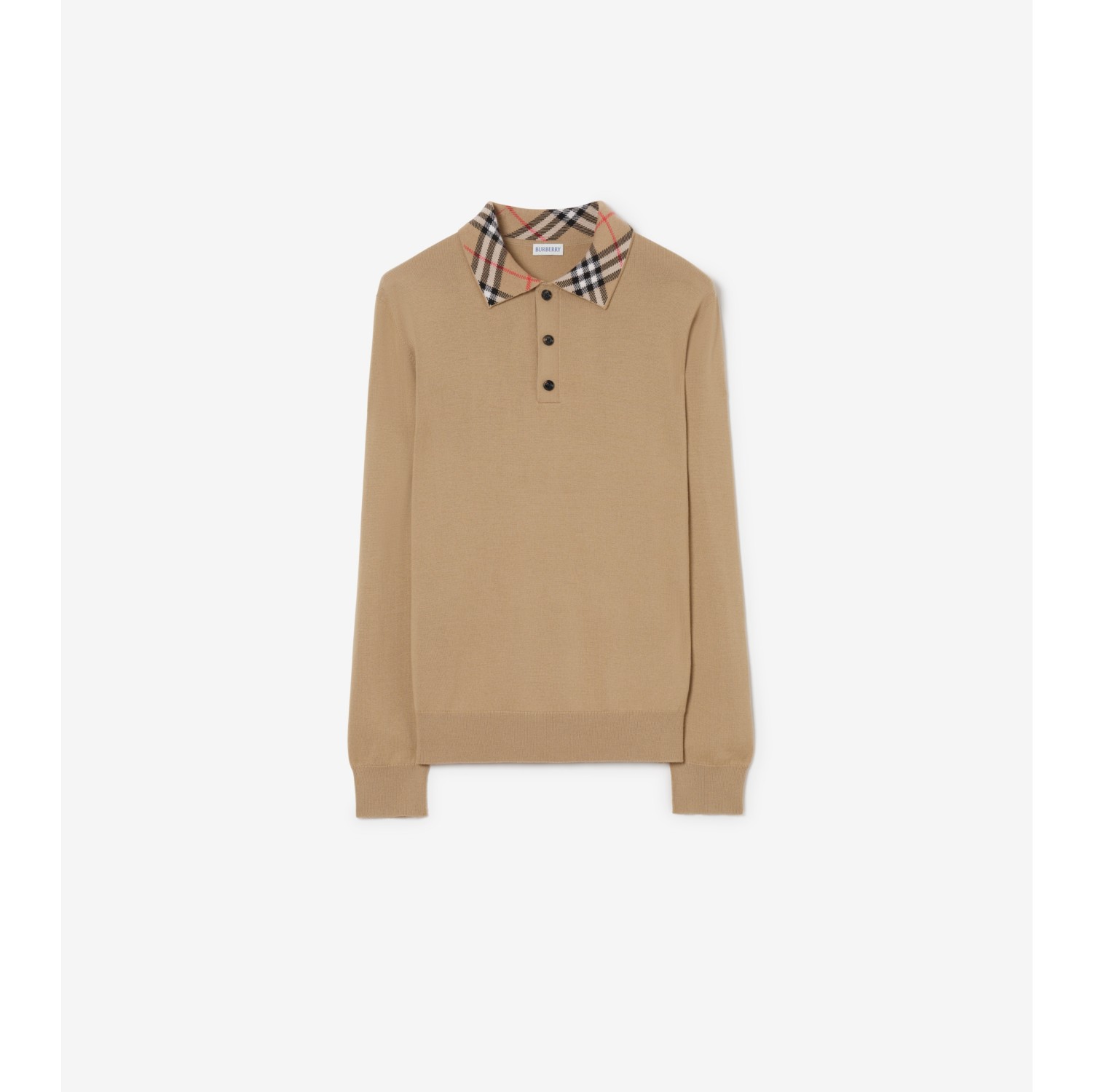 Long-sleeve Check Collar Cashmere Polo Shirt