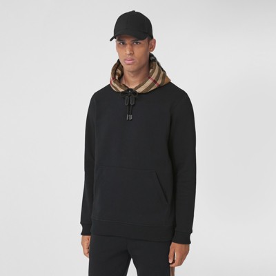 Check Hood Cotton Blend Hoodie in Black - Men | Burberry® Official