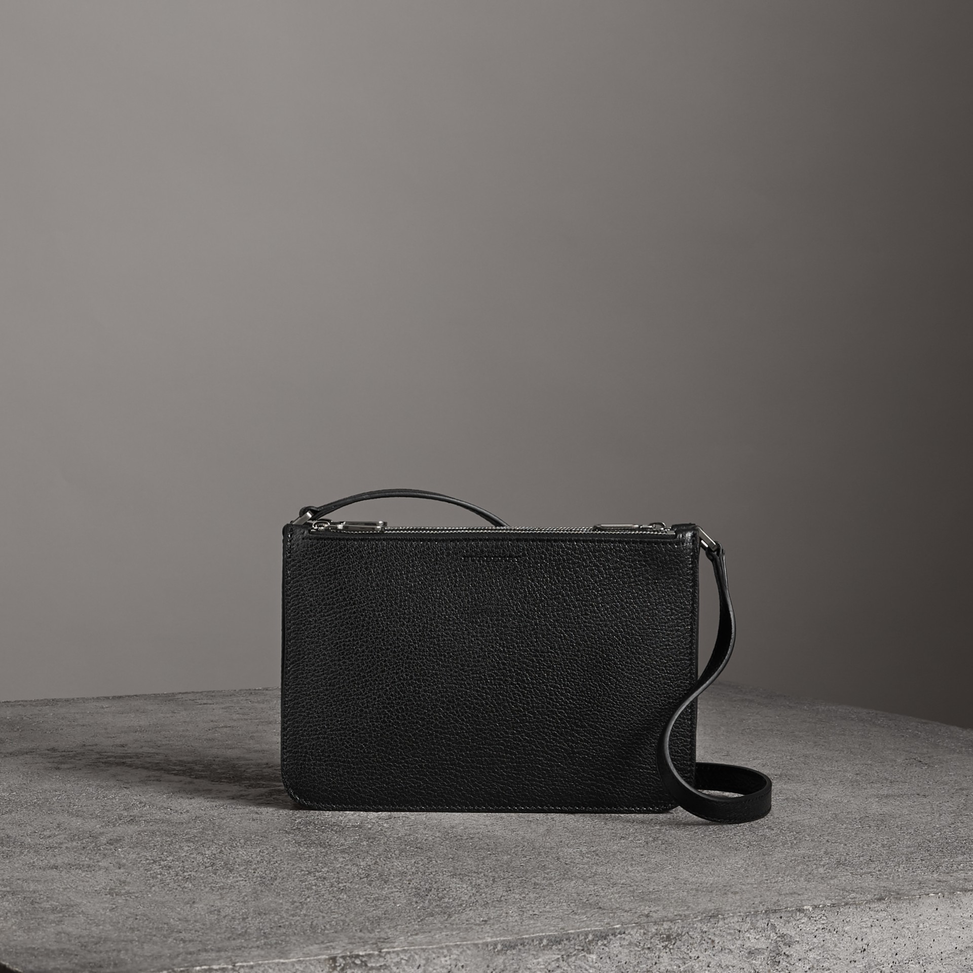 Triple Zip Grainy Leather Crossbody Bag in Black/silver Women