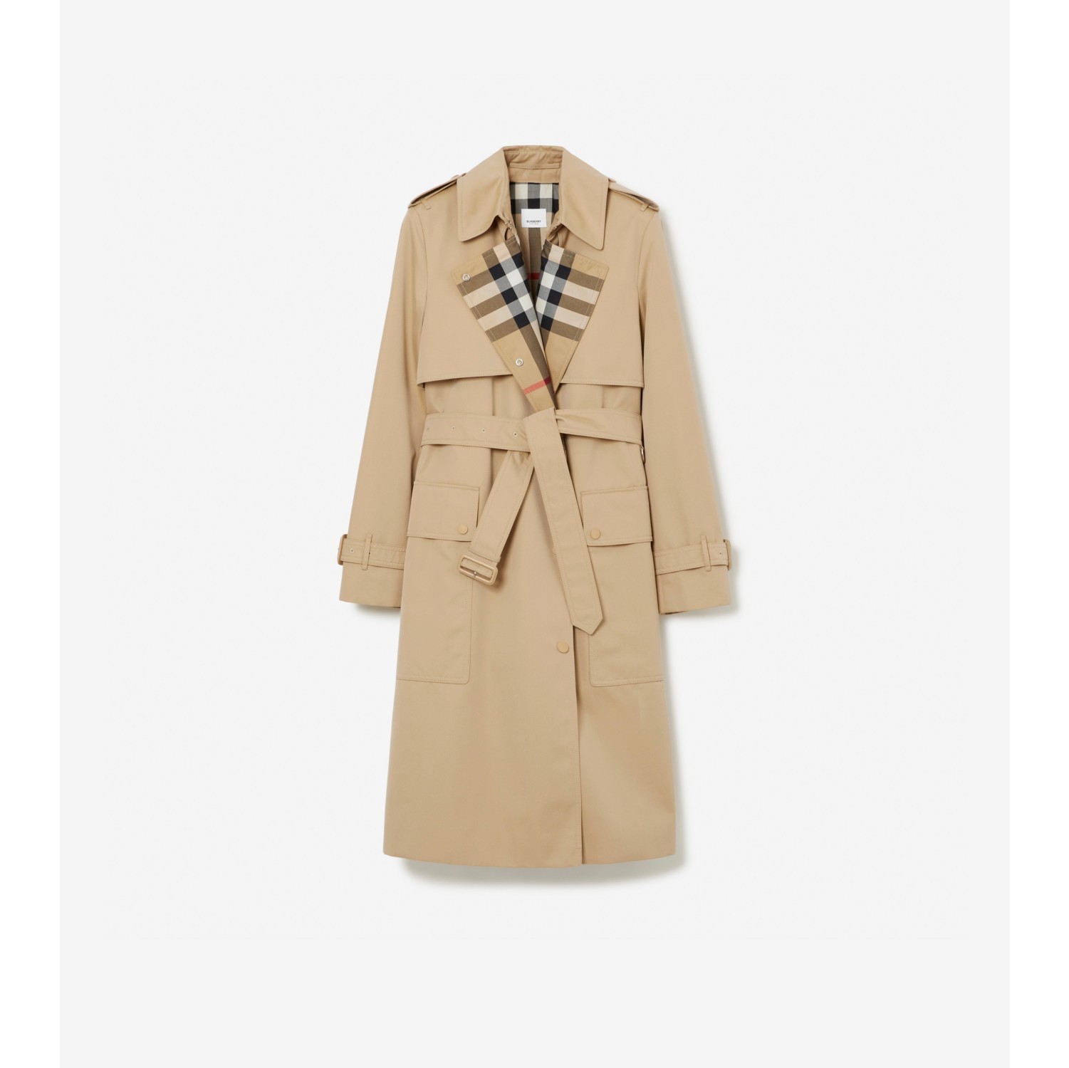 Long Check Lapel Gabardine Trench Coat