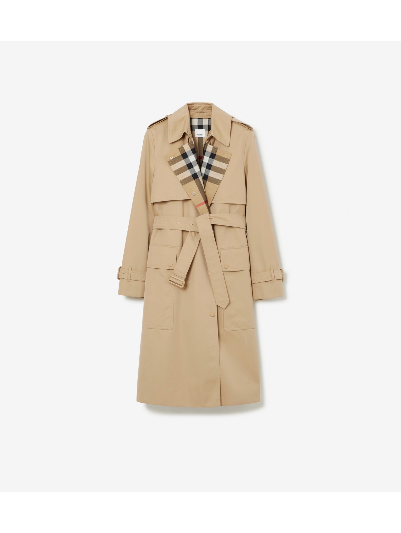 Long Check Lapel Gabardine Trench Coat in Honey Women Cotton Gabardine Burberry Official