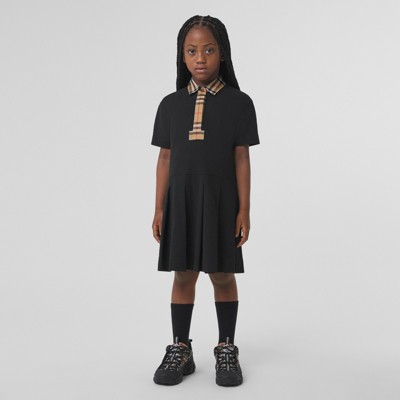 버버리 걸즈 폴로 원피스 Burberry Vintage Check Trim Cotton Pique Polo Shirt Dress,Black