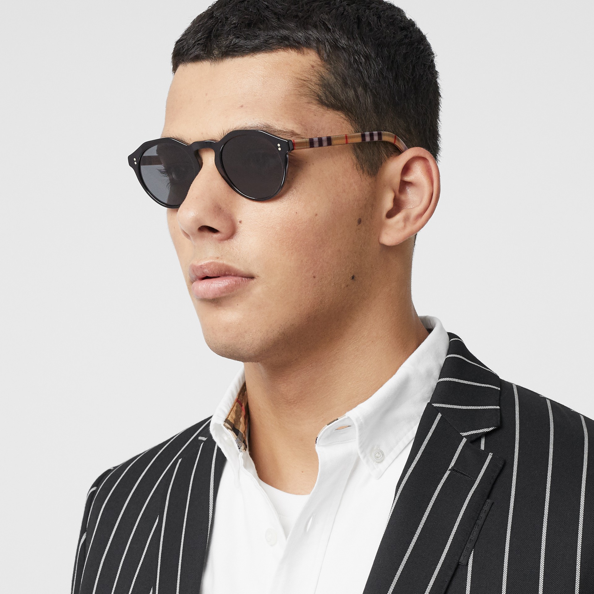 Vintage Check Detail Round Frame Sunglasses In Black Beige Men Burberry United States