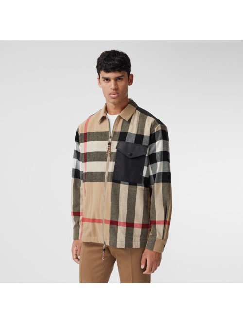 Shop Burberry Contrast Panel Check Wool Cotton Shirt In Archive Beige