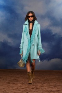 Burberry SS26 Show model Elodie Guipaud wearing a Fringed leather car coat and Burberry Check leather Tone boots