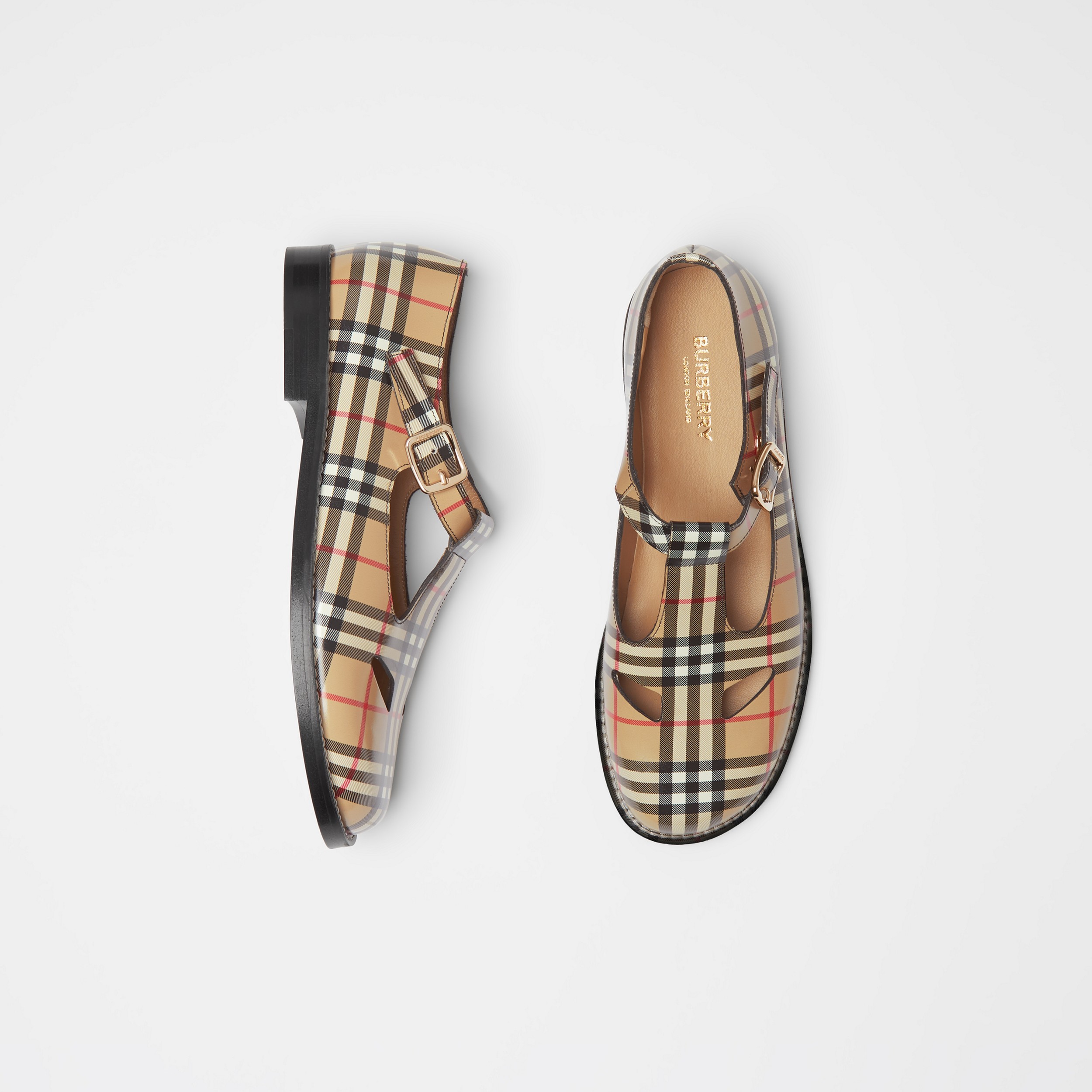 Vintage Check Leather T-bar Shoes in Archive Beige - Women | Burberry Hong Kong S.A.R - 1