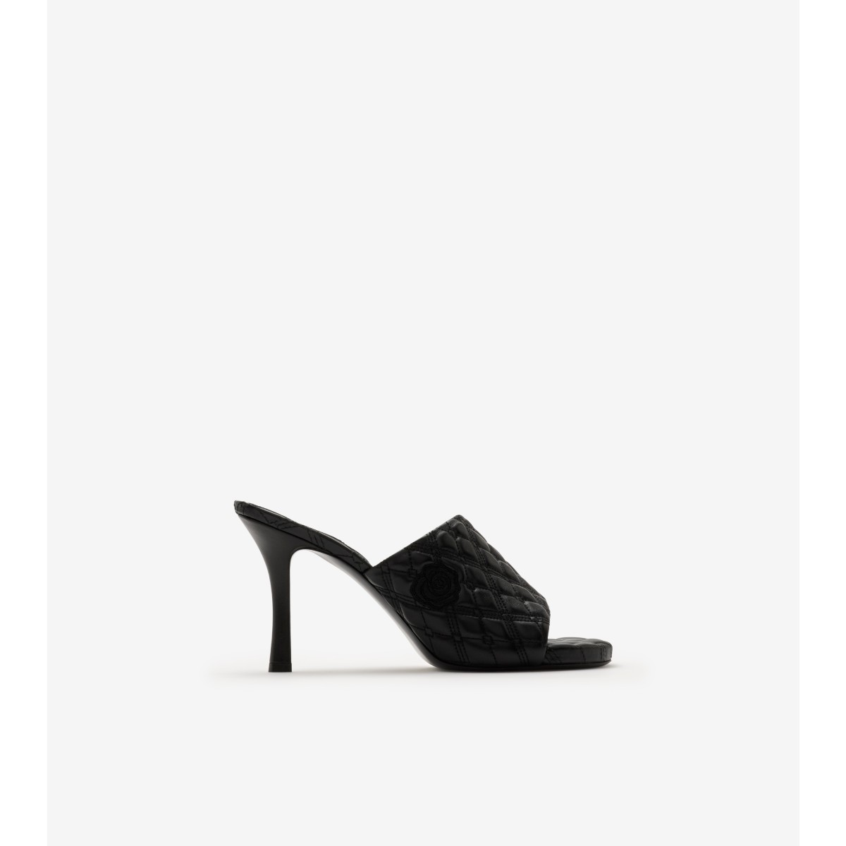 Burberry Quilted Leather Rose Mule Sandals In Black