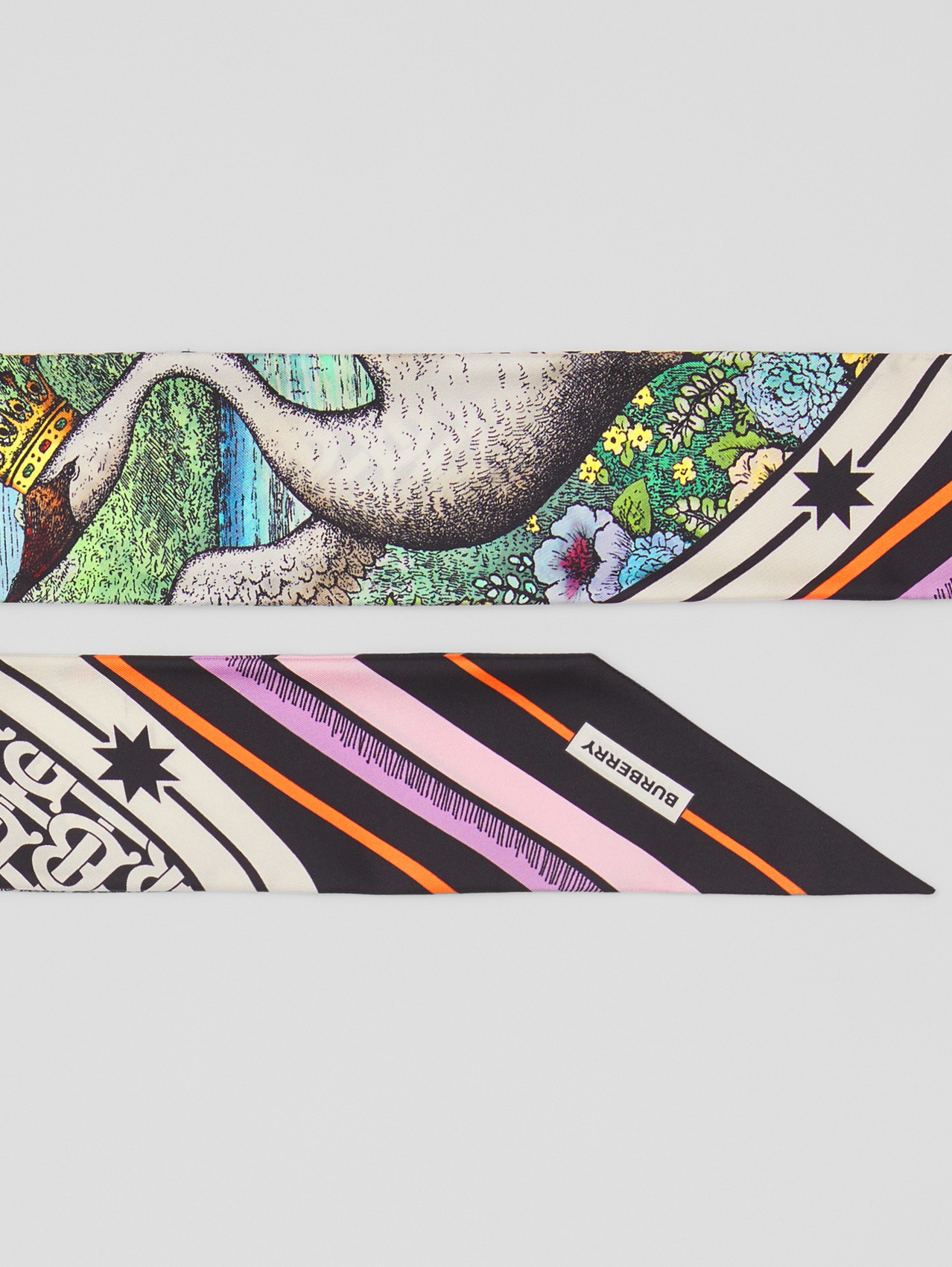 Skinny scarf de seda com estampa reino dos cisnes e monograma in Multicolorido
