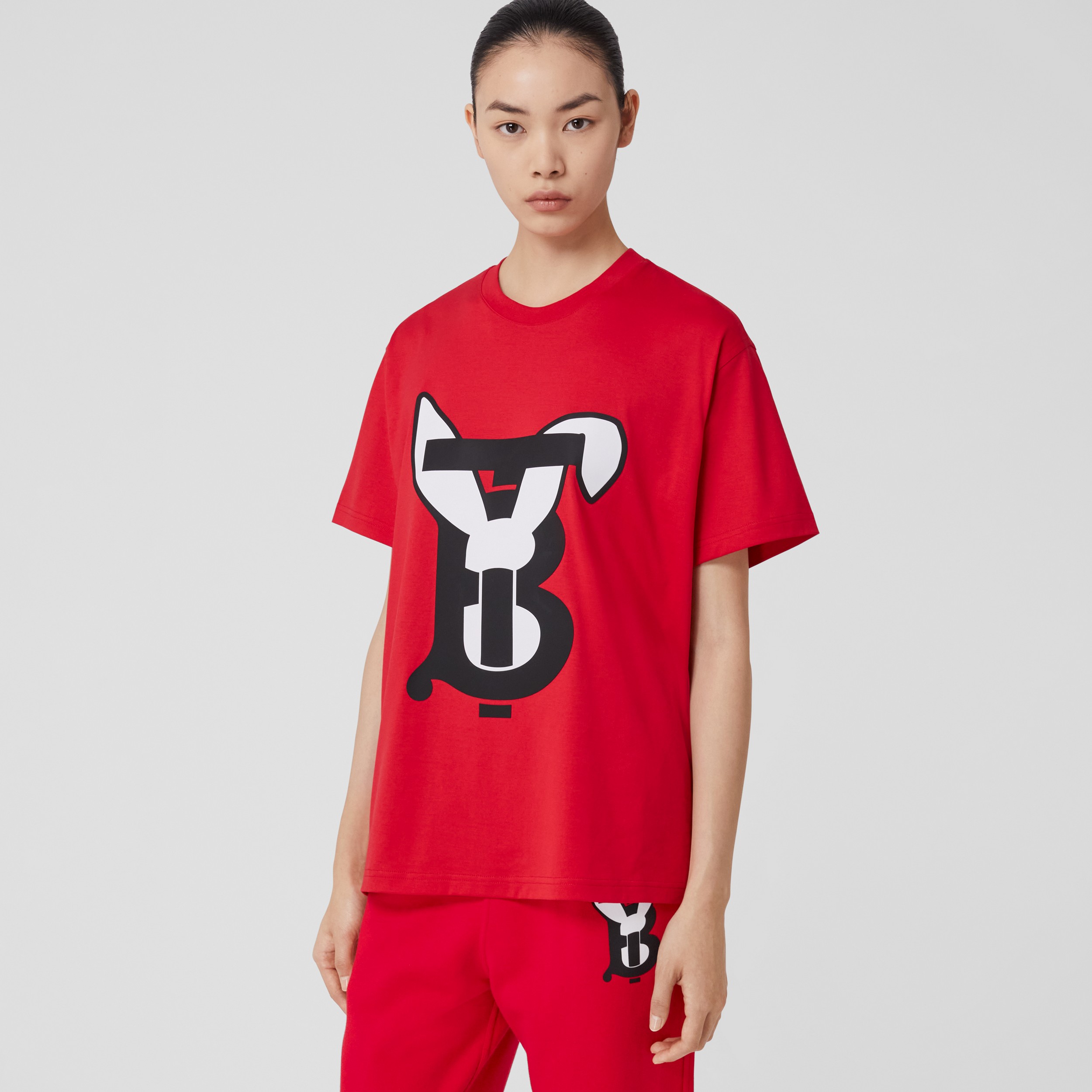 Rabbit Print Cotton Oversized T-shirt in Bright Red - Women | Burberry® Official - 1
