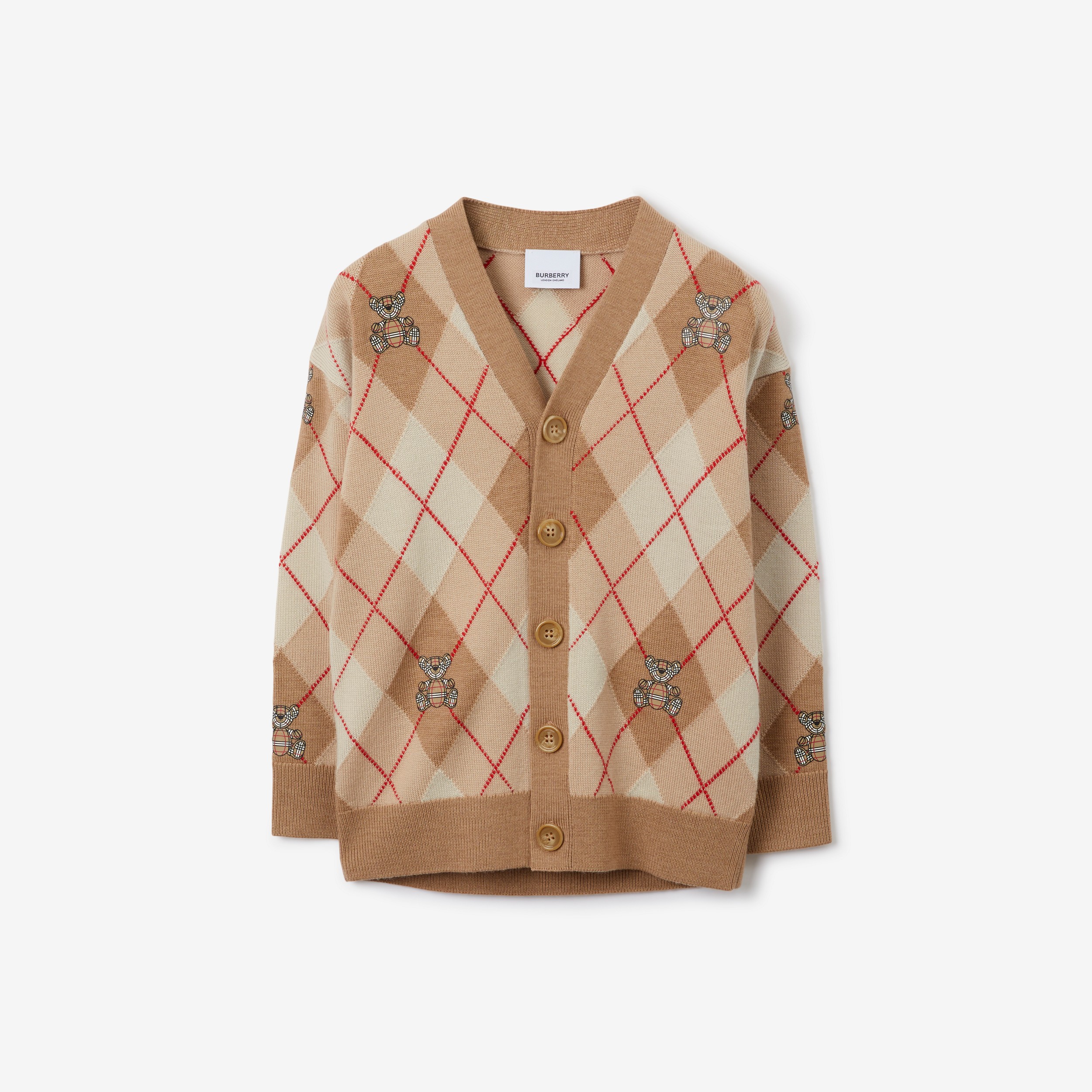 Thomas Bear Argyle Wool Cardigan in Soft Fawn | Burberry® Official - 1