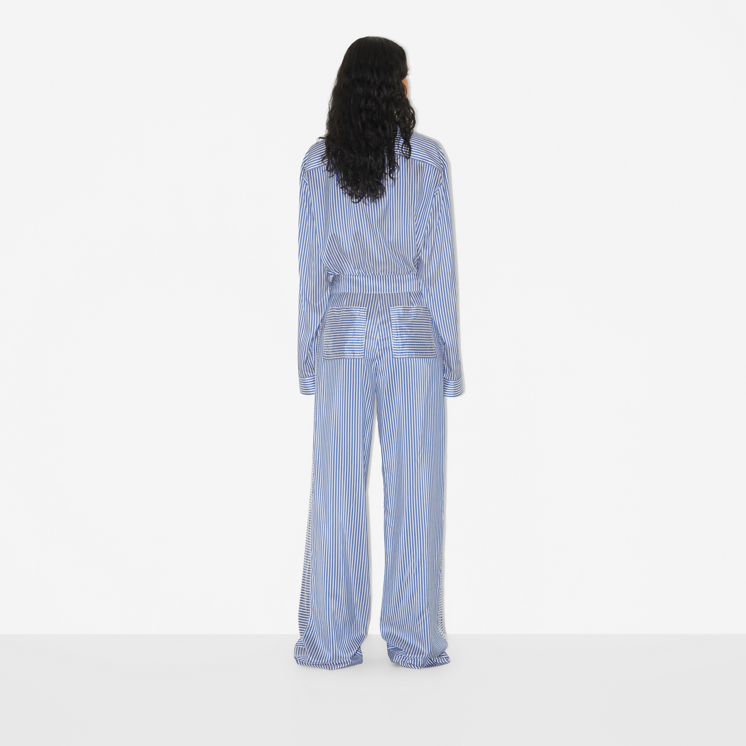Calças estilo pantalona de seda com listras (Azul/branco) - Mulheres | Burberry® oficial - 4