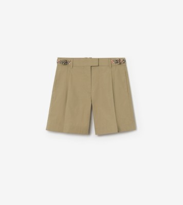 Check Trim Cotton Poplin Shorts in Sparrow beige - Women | Burberry® Official