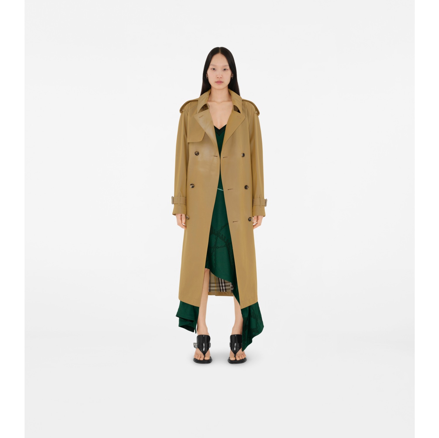 Long Gabardine Trench Coat in Spelt - Women, Cotton | Burberry 