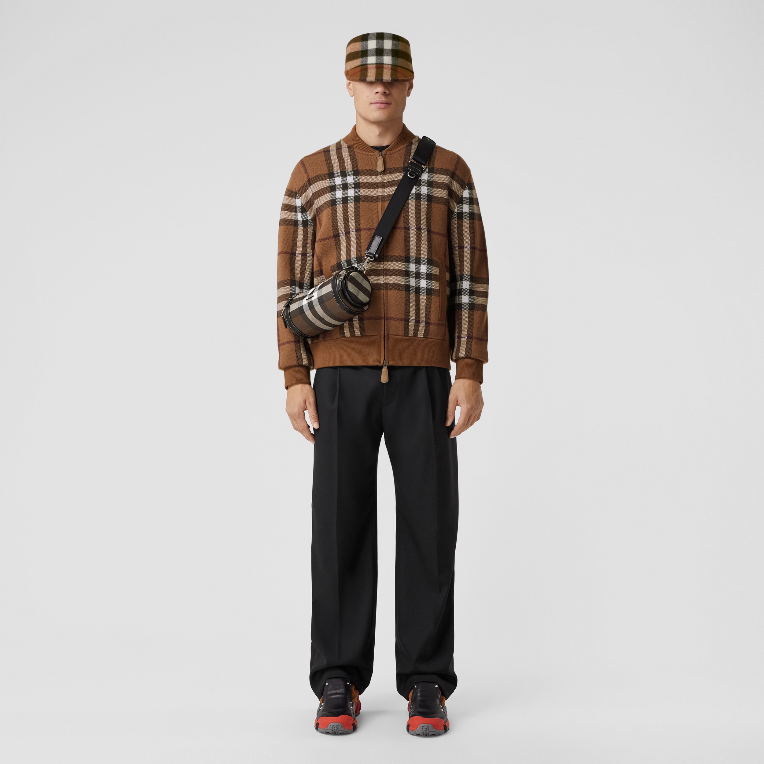 Check Cashmere Jacquard Bomber Jacket in Dark Birch Brown - Men | Burberry® Official - 1